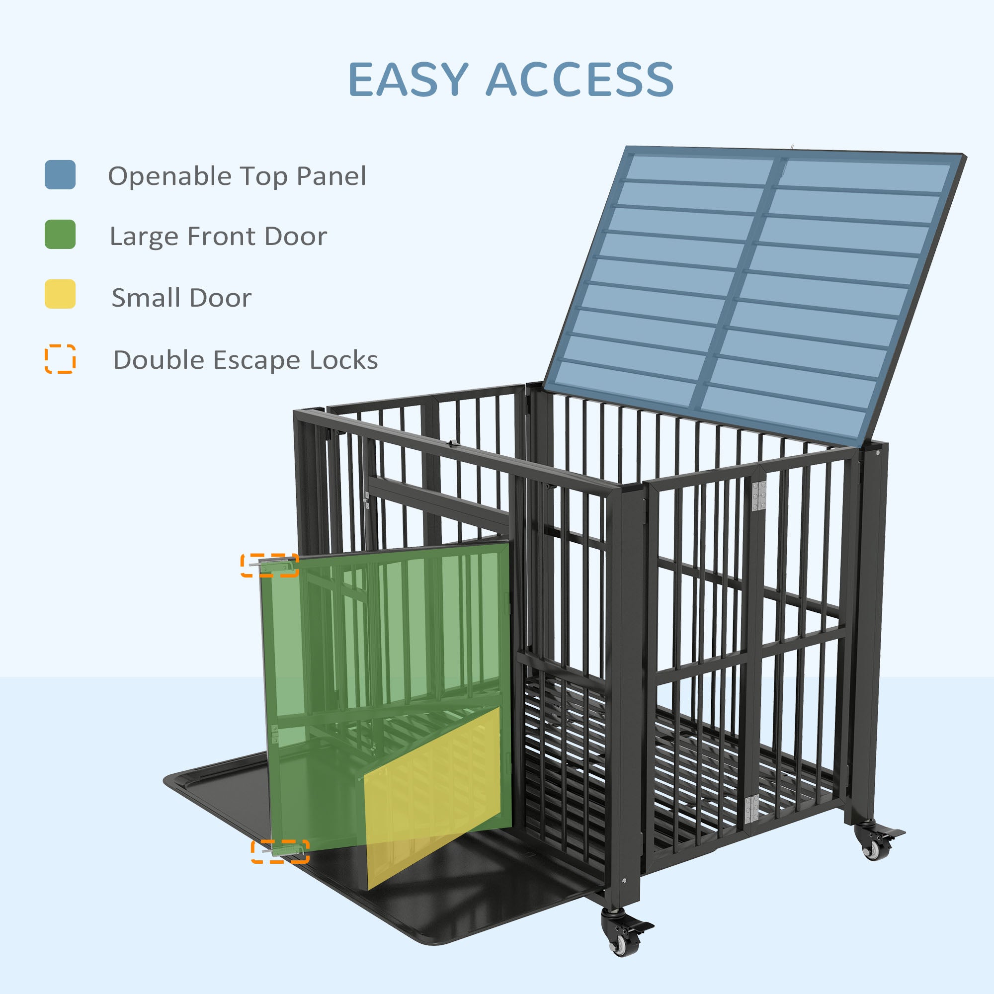 PawHut 43" Heavy Duty Dog Crate, Foldable Dog Cage on Wheels with Double Locks, Removable Tray, Openable Top, Double Doors, Indoor Outdoor Use, for Medium and Large Dogs - Black