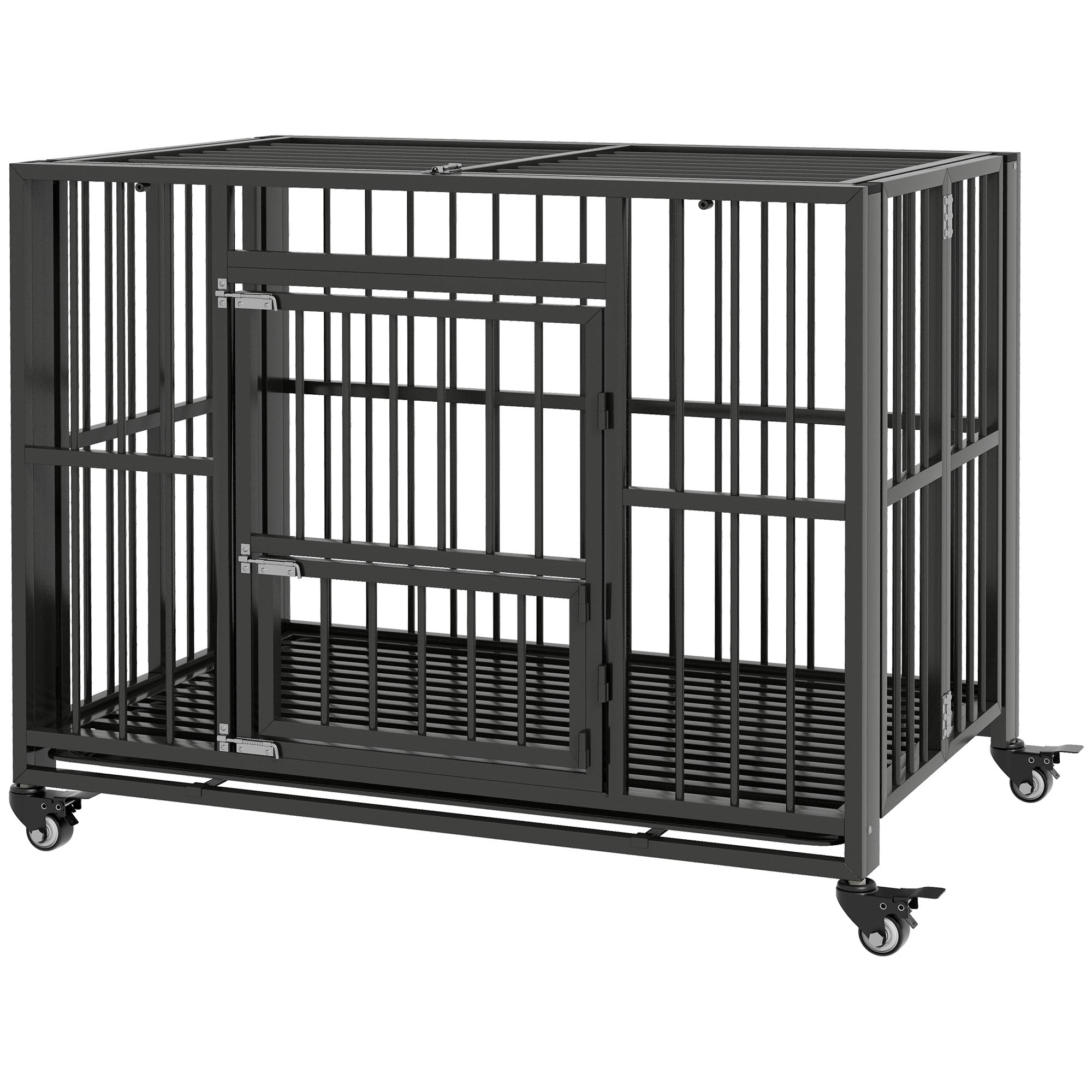 PawHut 43" Heavy Duty Dog Crate, Foldable Dog Cage on Wheels with Double Locks, Removable Tray, Openable Top, Double Doors, Indoor Outdoor Use, for Medium and Large Dogs - Black