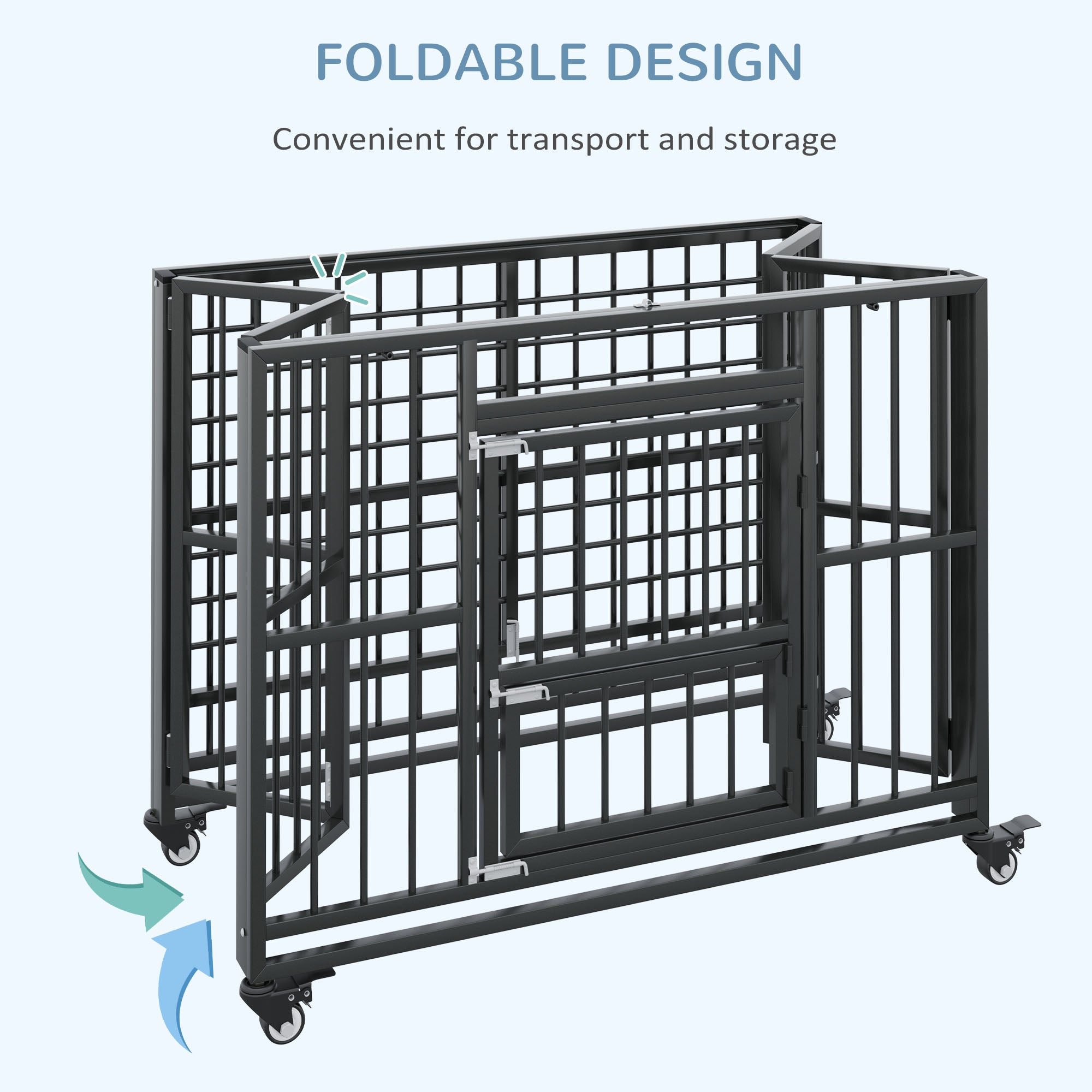 PawHut 43" Heavy Duty Dog Crate, Foldable Dog Cage on Wheels with Double Locks, Removable Tray, Openable Top, Double Doors, Indoor Outdoor Use, for Medium and Large Dogs - Black