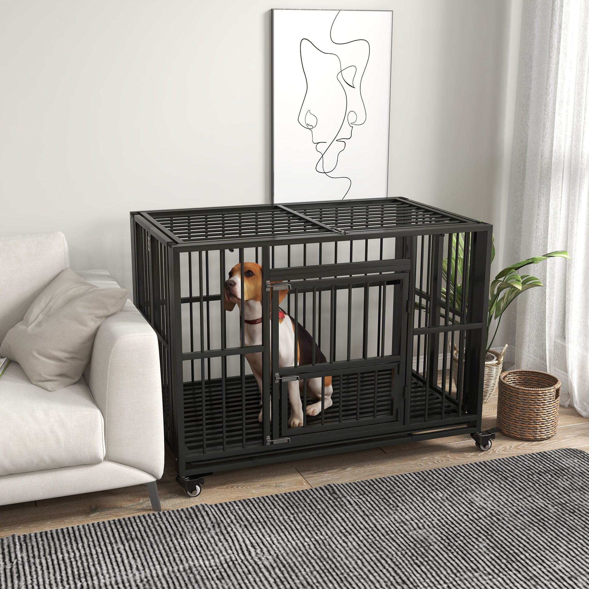 PawHut 43" Heavy Duty Dog Crate, Foldable Dog Cage on Wheels with Double Locks, Removable Tray, Openable Top, Double Doors, Indoor Outdoor Use, for Medium and Large Dogs - Black