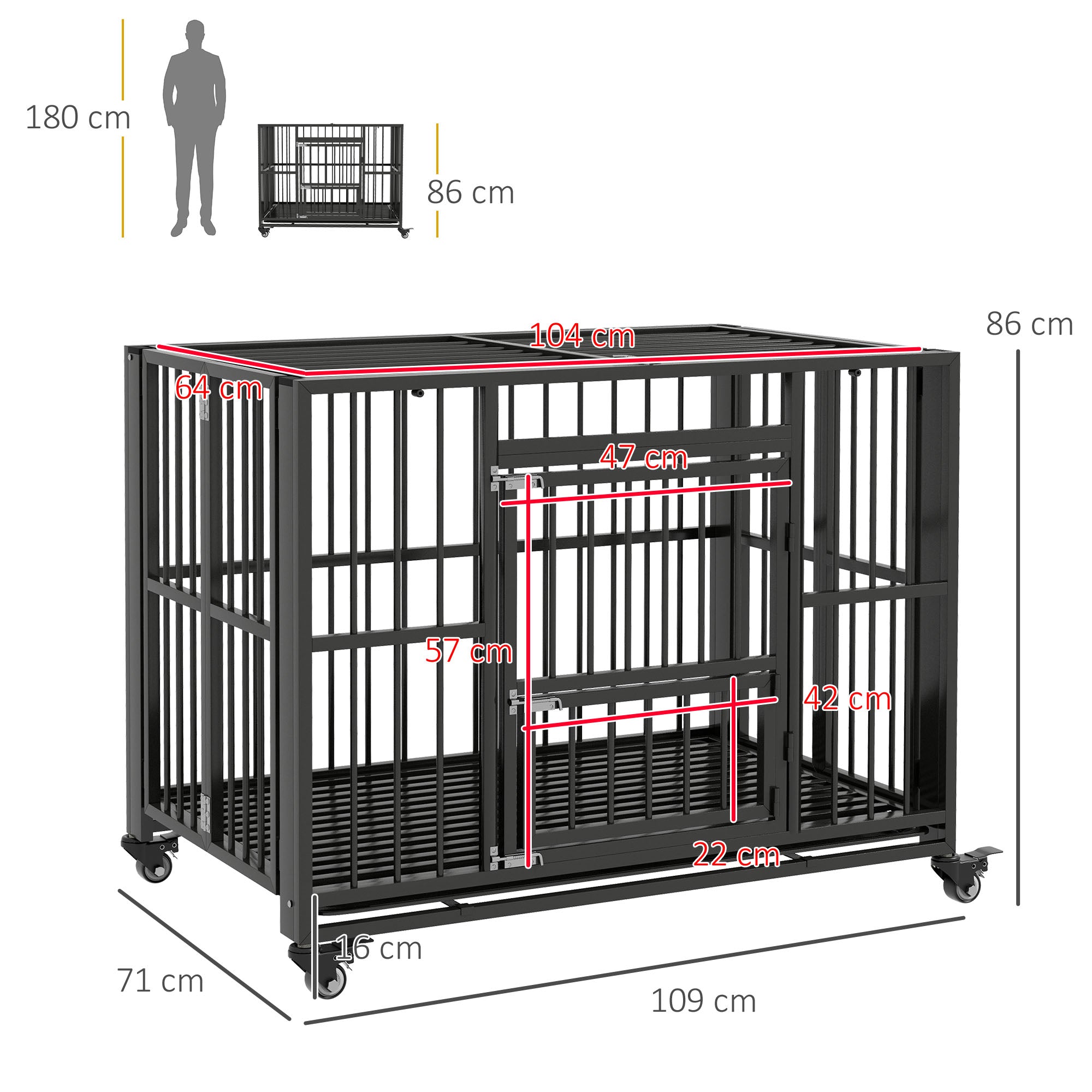 PawHut 43" Heavy Duty Dog Crate, Foldable Dog Cage on Wheels with Double Locks, Removable Tray, Openable Top, Double Doors, Indoor Outdoor Use, for Medium and Large Dogs - Black