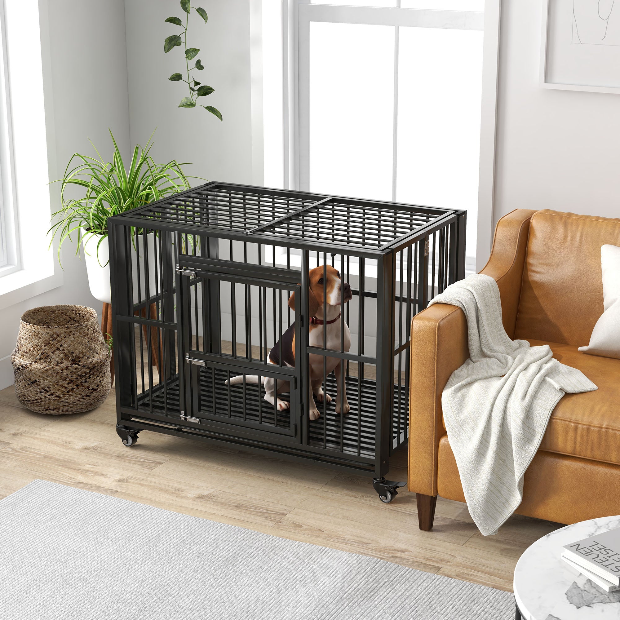 PawHut 43" Heavy Duty Dog Crate, Foldable Dog Cage on Wheels with Double Locks, Removable Tray, Openable Top, Double Doors, Indoor Outdoor Use, for Medium and Large Dogs - Black