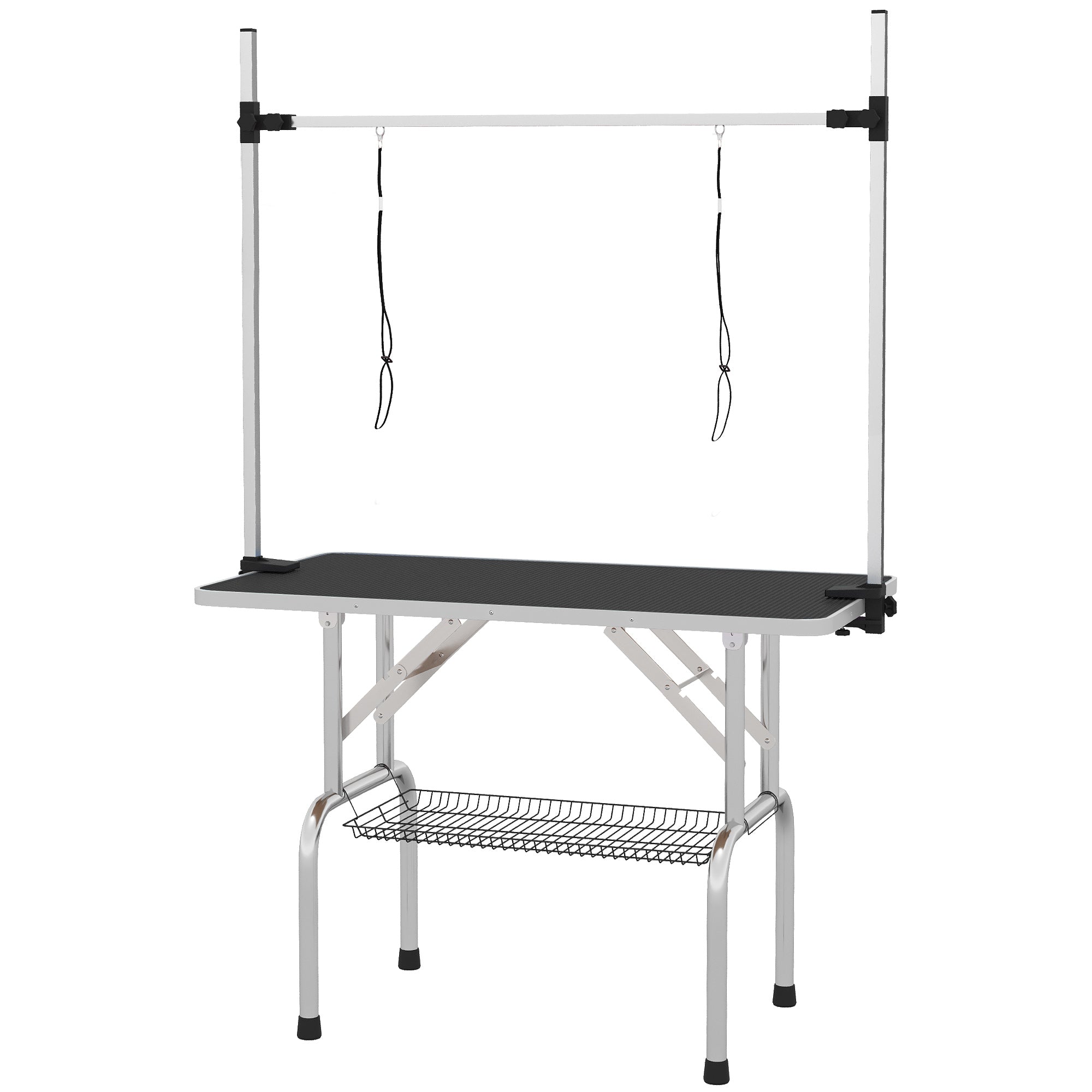 PawHut 42" Dog Grooming Table Adjustable Pet Cat Drying Beauty Table Rubber Top with 2 Loops Storage Basket Metal Black