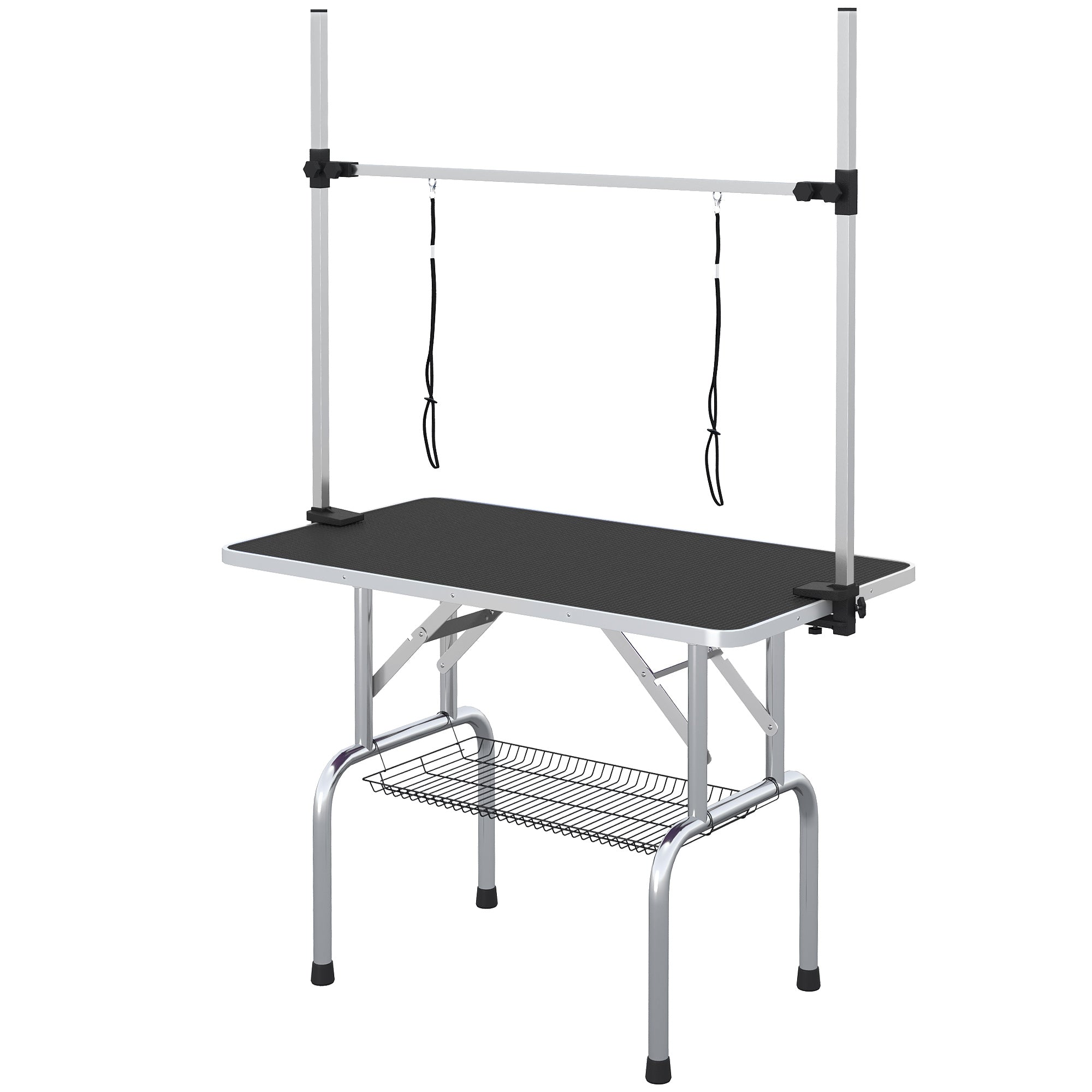 PawHut 42" Dog Grooming Table Adjustable Pet Cat Drying Beauty Table Rubber Top with 2 Loops Storage Basket Metal Black