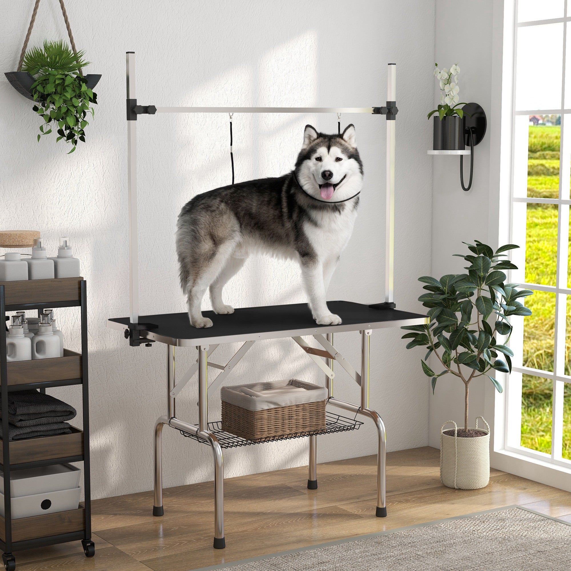 PawHut 42" Dog Grooming Table Adjustable Pet Cat Drying Beauty Table Rubber Top with 2 Loops Storage Basket Metal Black