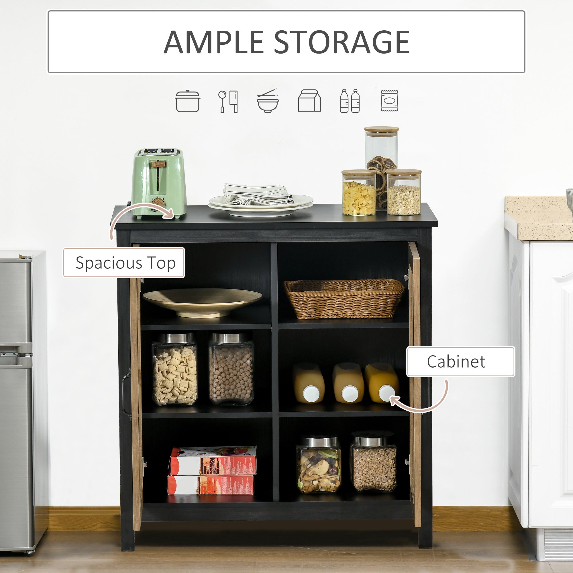 HOMCOM Kitchen Sideboard, Glass Door Buffet Cabinet, Accent Storage Cabinet with 2 Glass Doors and Adjustable Shelf, Black Wood Grain