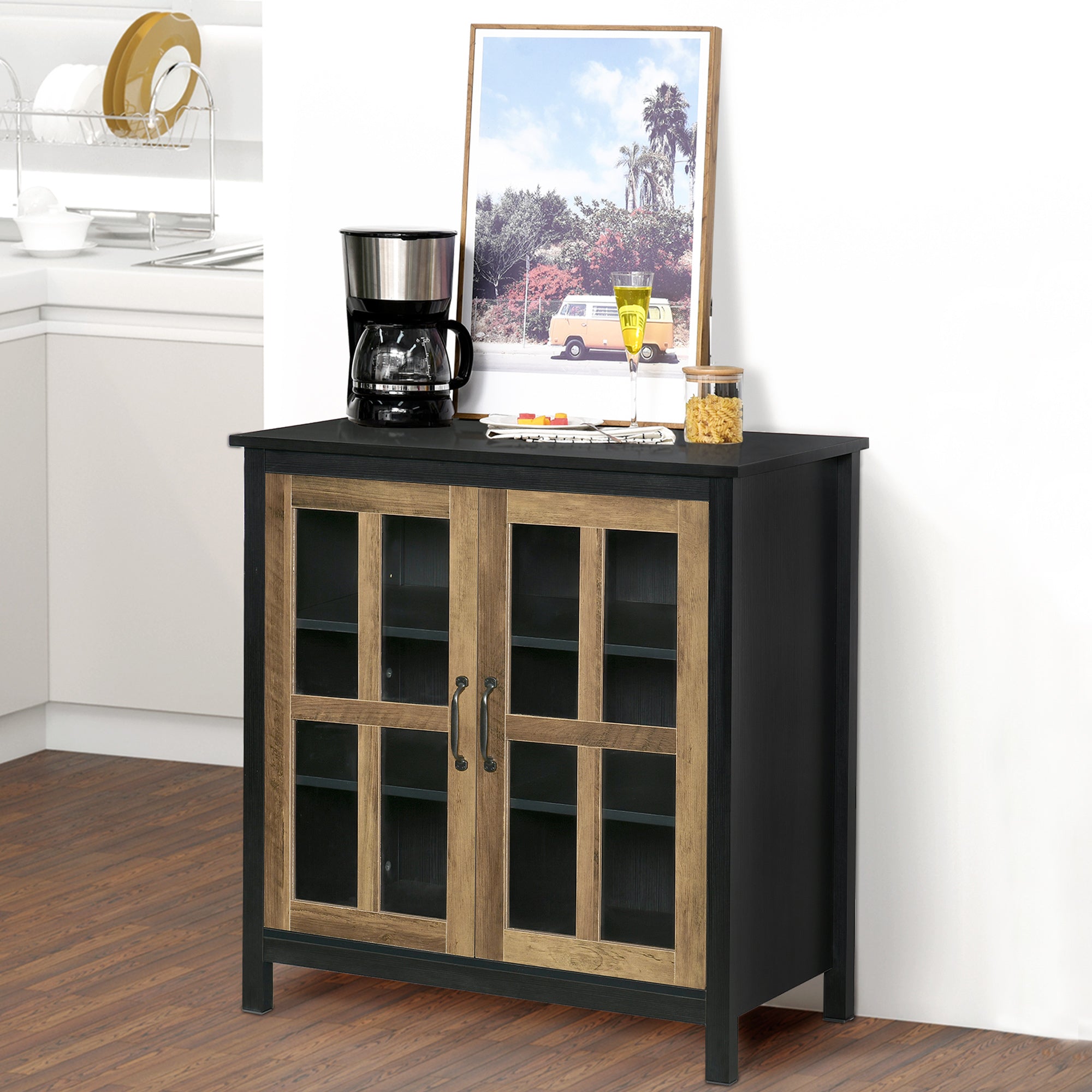 HOMCOM Kitchen Sideboard, Glass Door Buffet Cabinet, Accent Storage Cabinet with 2 Glass Doors and Adjustable Shelf, Black Wood Grain