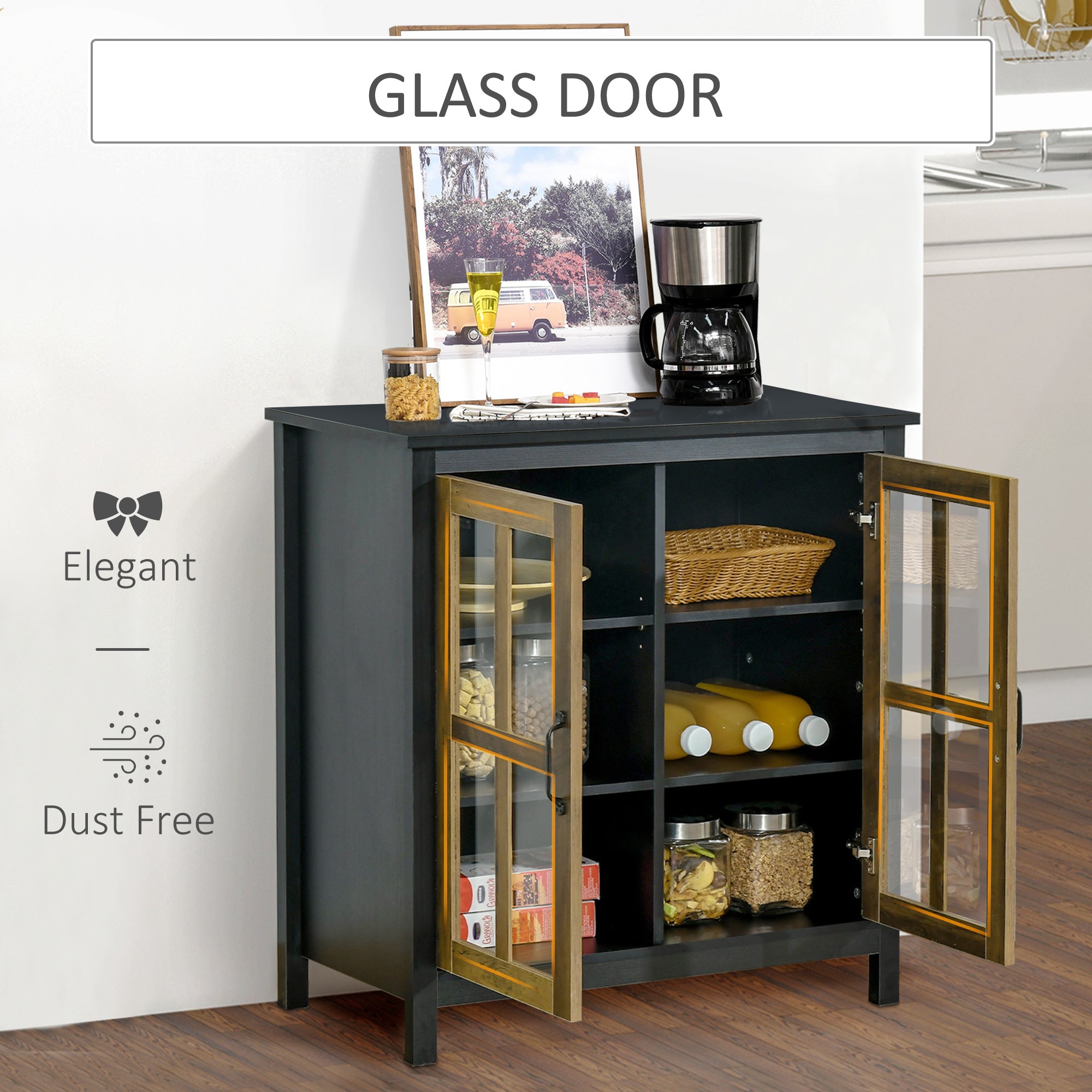 HOMCOM Kitchen Sideboard, Glass Door Buffet Cabinet, Accent Storage Cabinet with 2 Glass Doors and Adjustable Shelf, Black Wood Grain