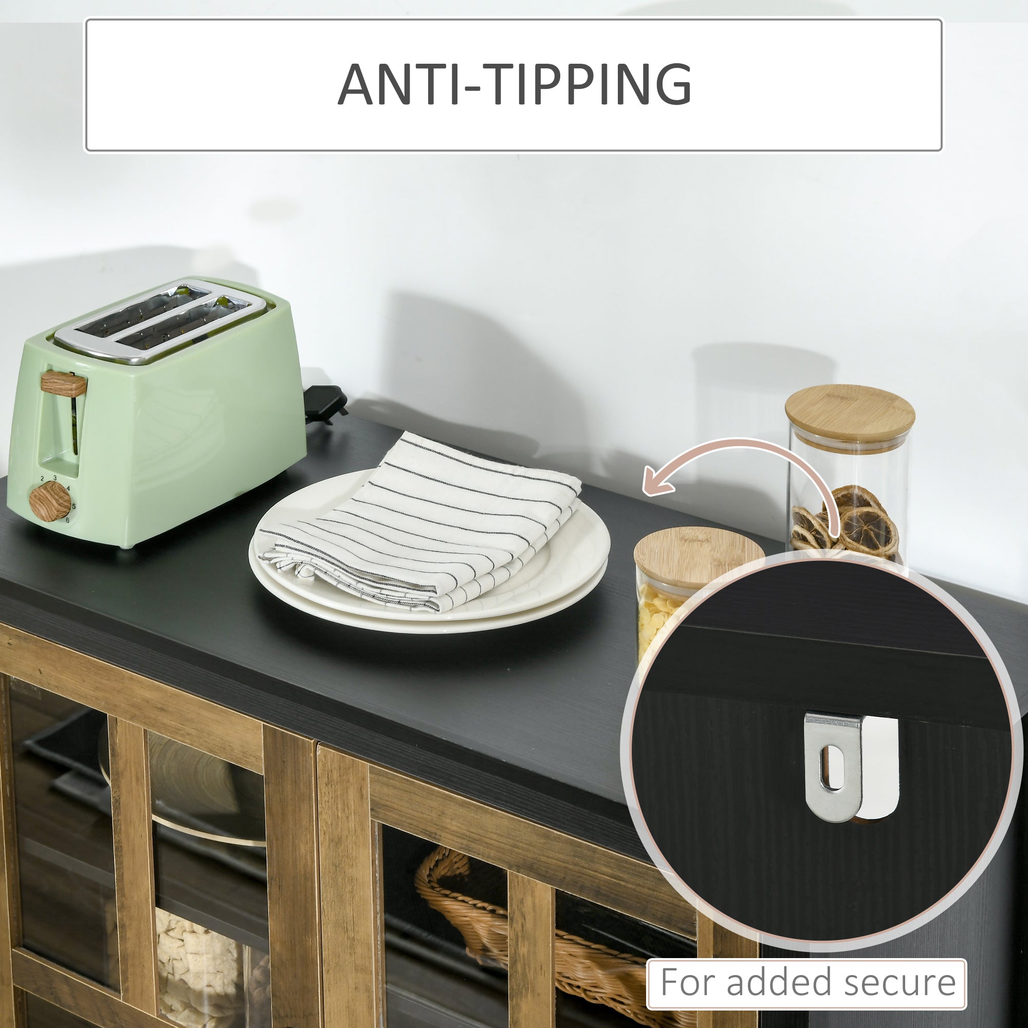 HOMCOM Kitchen Sideboard, Glass Door Buffet Cabinet, Accent Storage Cabinet with 2 Glass Doors and Adjustable Shelf, Black Wood Grain