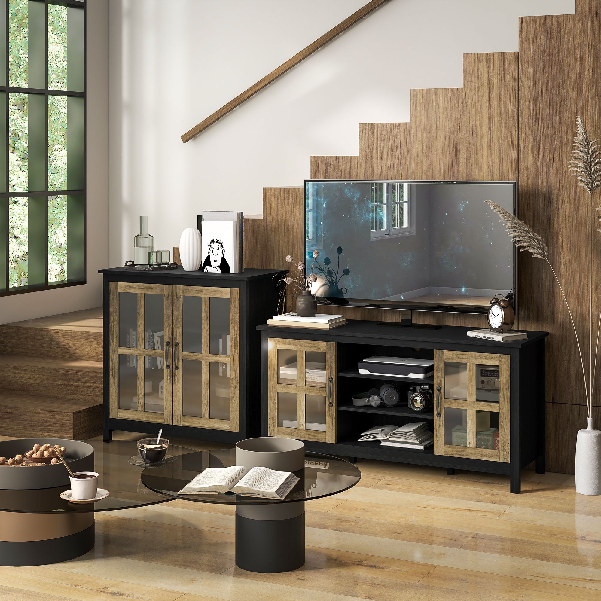 HOMCOM Kitchen Sideboard, Glass Door Buffet Cabinet, Accent Storage Cabinet with 2 Glass Doors and Adjustable Shelf, Black Wood Grain