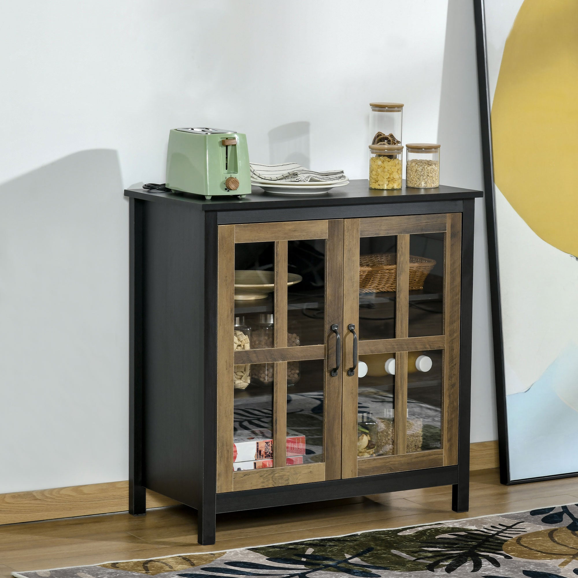HOMCOM Kitchen Sideboard, Glass Door Buffet Cabinet, Accent Storage Cabinet with 2 Glass Doors and Adjustable Shelf, Black Wood Grain