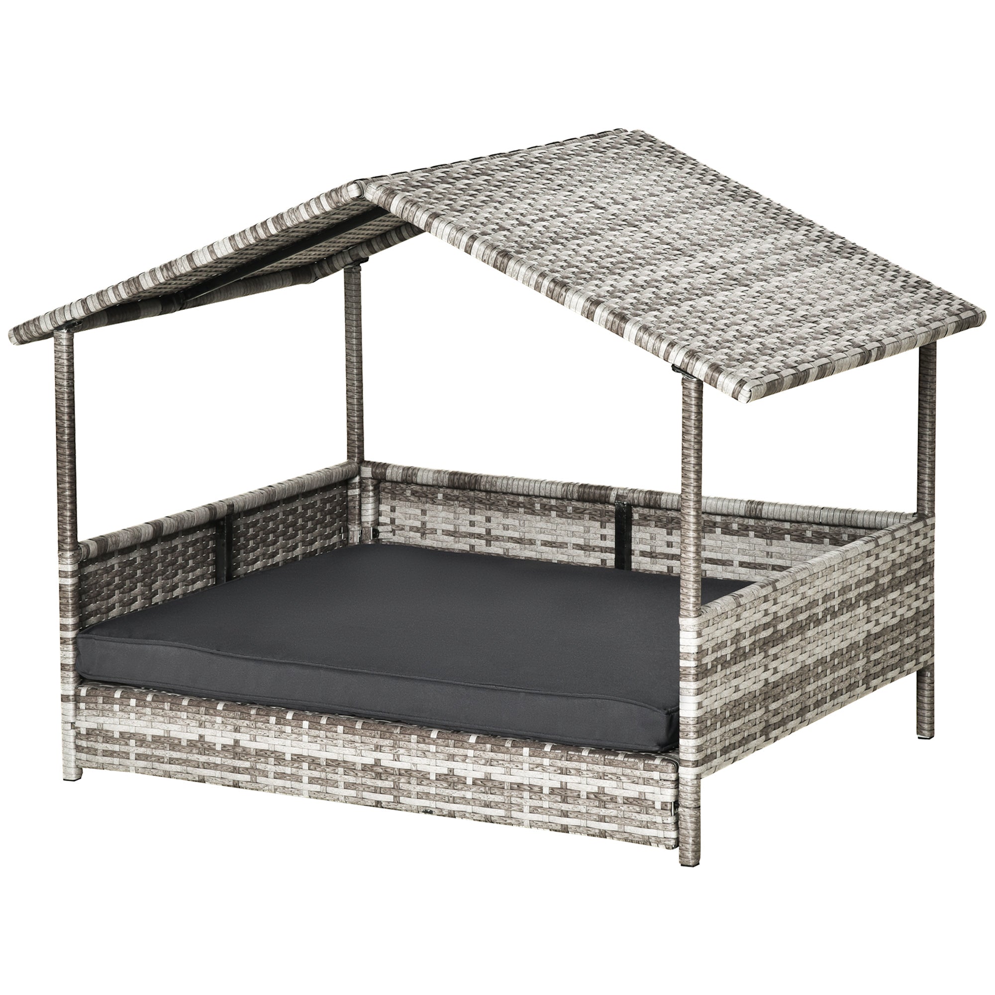 PawHut Elevated Rattan Dog House Outdoor with Canopy, Wicker Dog Bed with Water-Resistant Cushion, for Small and Medium Dogs Dark Grey