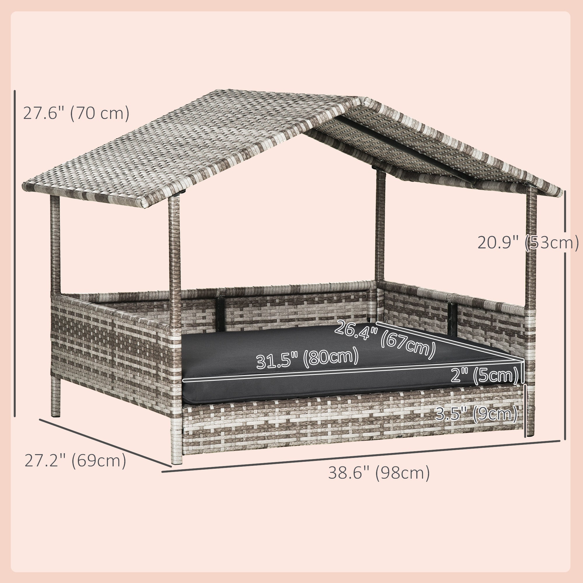 PawHut Elevated Rattan Dog House Outdoor with Canopy, Wicker Dog Bed with Water-Resistant Cushion, for Small and Medium Dogs Dark Grey