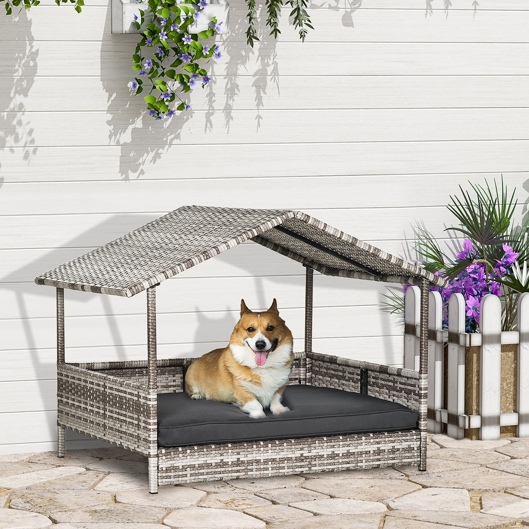 PawHut Elevated Rattan Dog House Outdoor with Canopy, Wicker Dog Bed with Water-Resistant Cushion, for Small and Medium Dogs Dark Grey