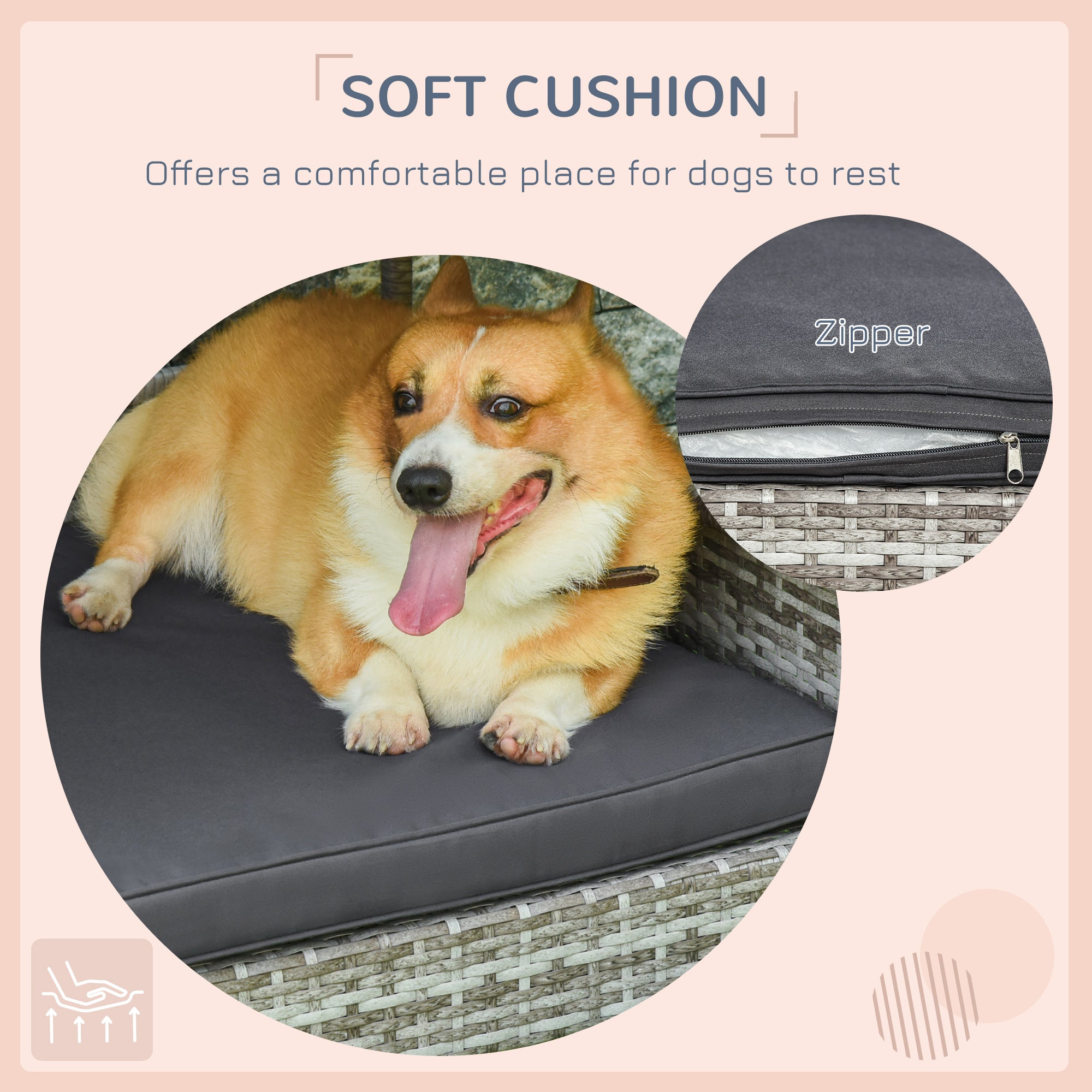 PawHut Elevated Rattan Dog House Outdoor with Canopy, Wicker Dog Bed with Water-Resistant Cushion, for Small and Medium Dogs Dark Grey