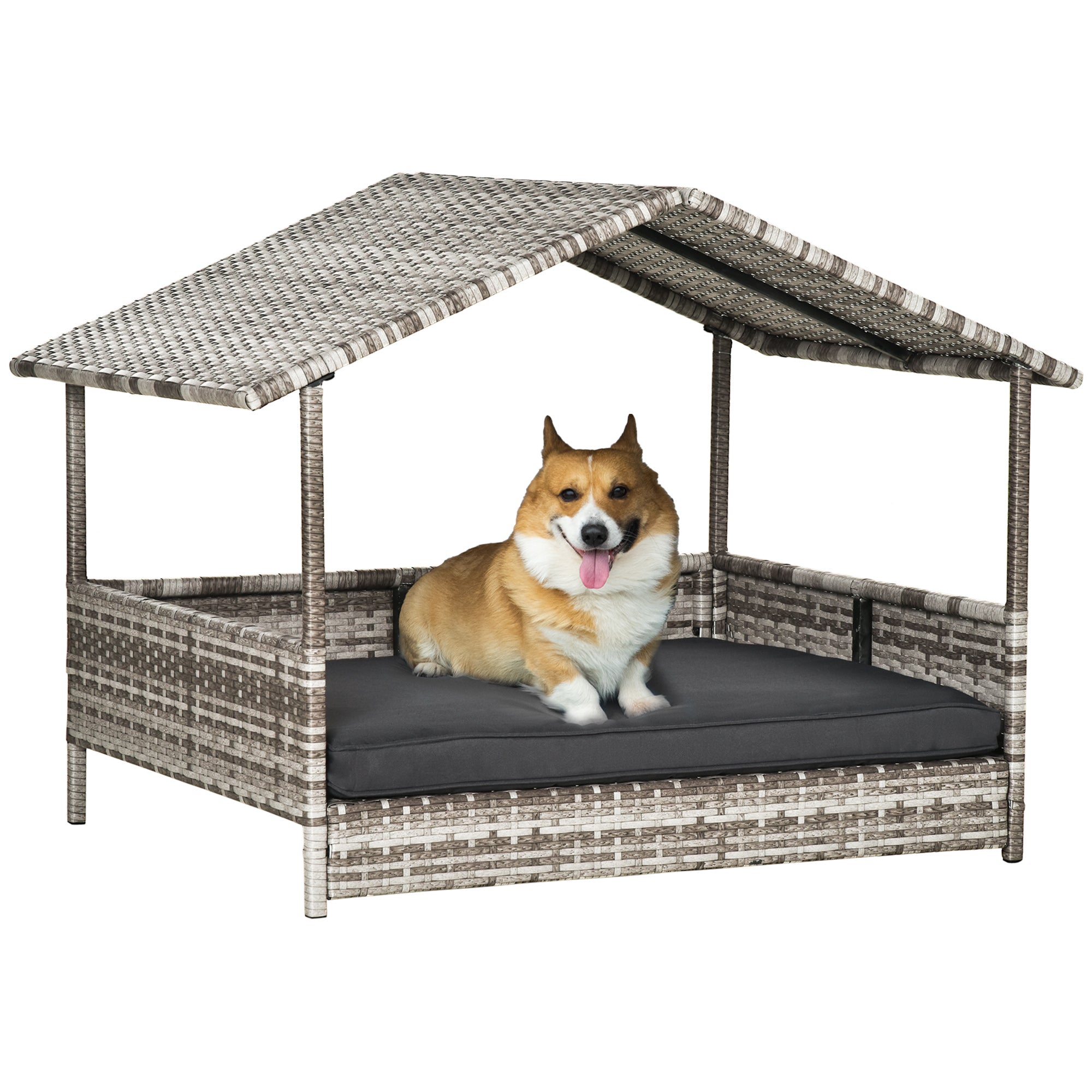 PawHut Elevated Rattan Dog House Outdoor with Canopy, Wicker Dog Bed with Water-Resistant Cushion, for Small and Medium Dogs Dark Grey