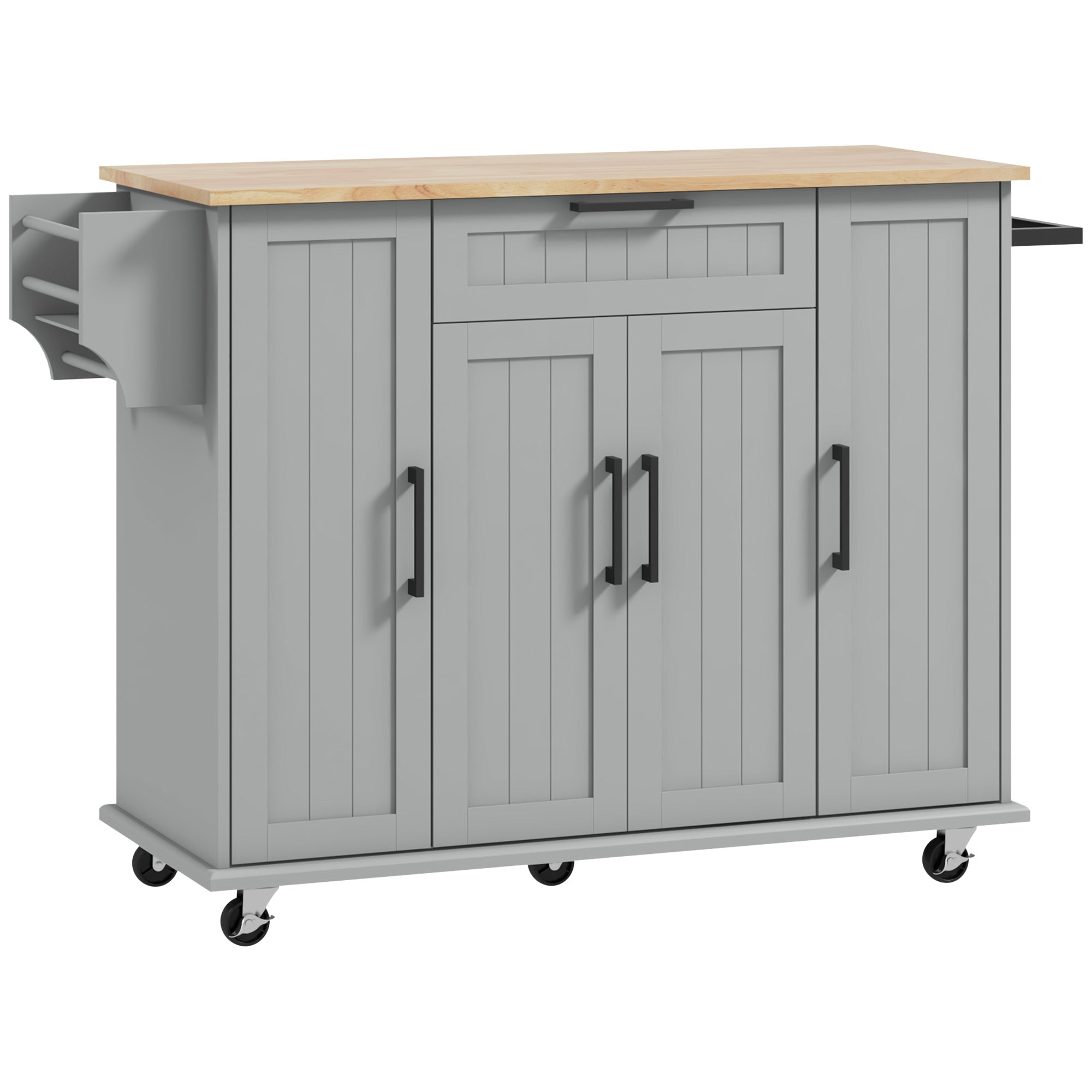 HOMCOM Kitchen Island with Storage, Rolling Kitchen Cart with Rubberwood Top, Drawer, Spice Rack, Towel Rack, Storage Cabinet with Inner Adjustable Shelves, Grey