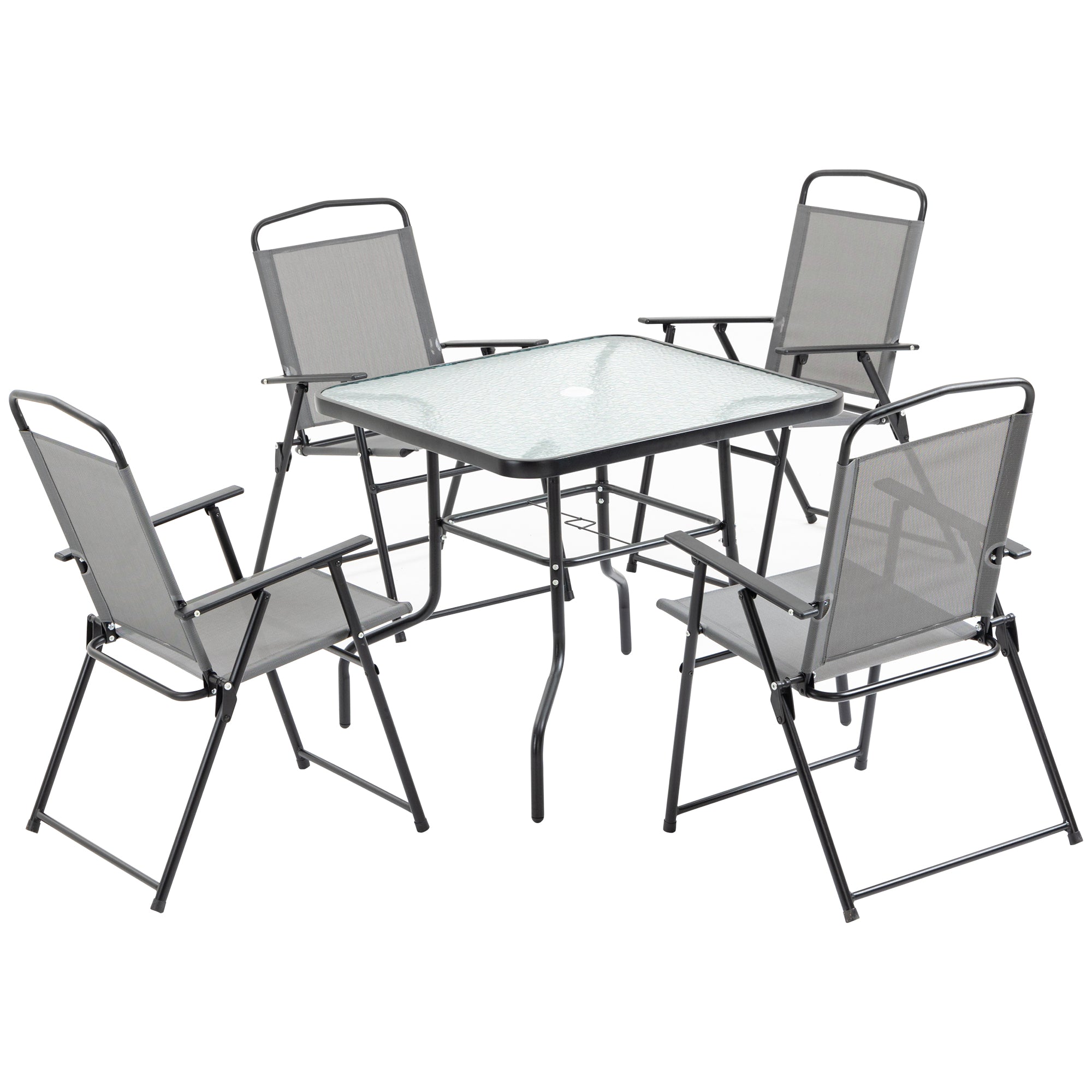 Outsunny 5 Pieces Patio Table and Chairs, Outdoor Dining Set with 4 Folding Chairs, Tempered Glass Tabletop and Parasol Hole, Breathable Mesh Patio Dining Set for Garden, Grey