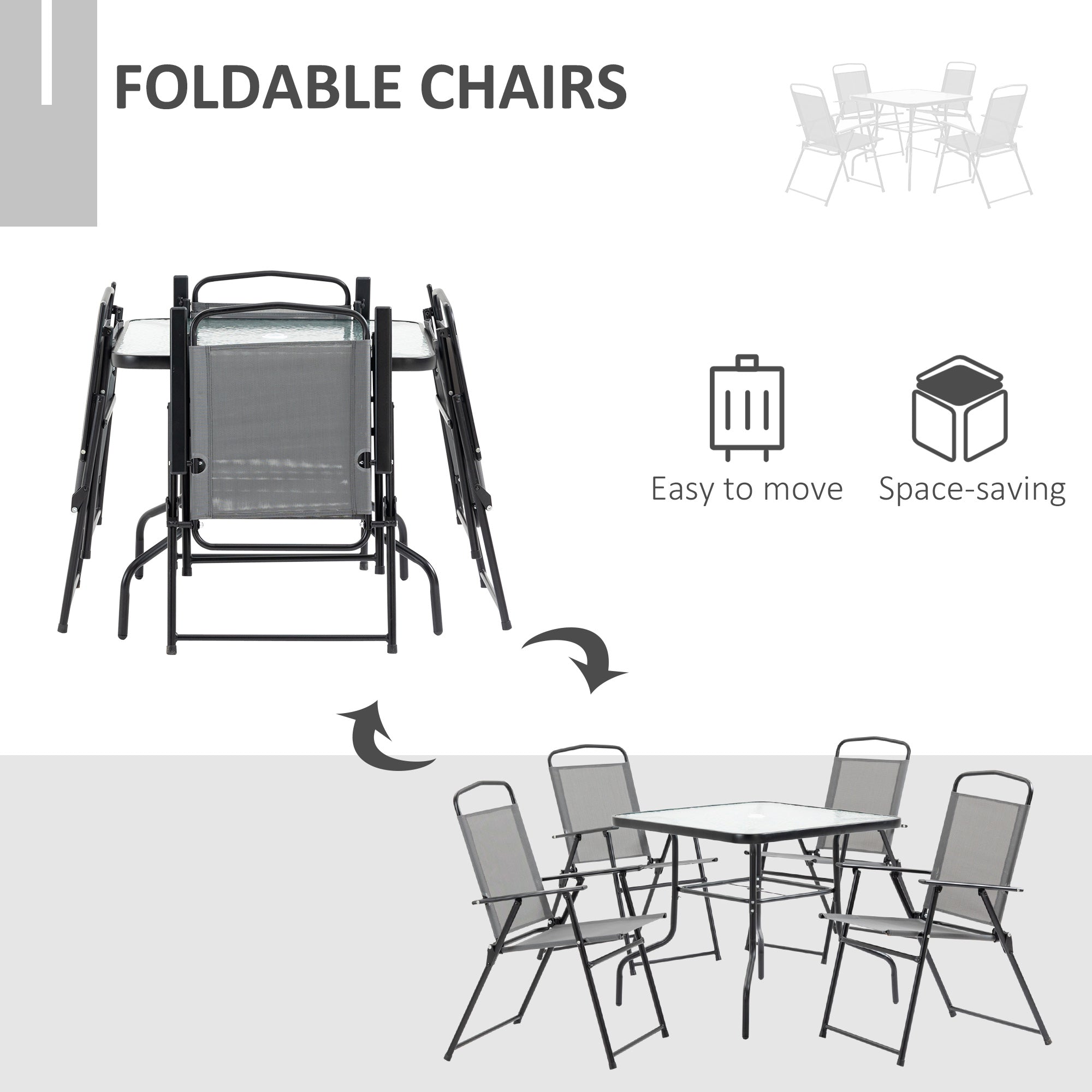 Outsunny 5 Pieces Patio Table and Chairs, Outdoor Dining Set with 4 Folding Chairs, Tempered Glass Tabletop and Parasol Hole, Breathable Mesh Patio Dining Set for Garden, Grey