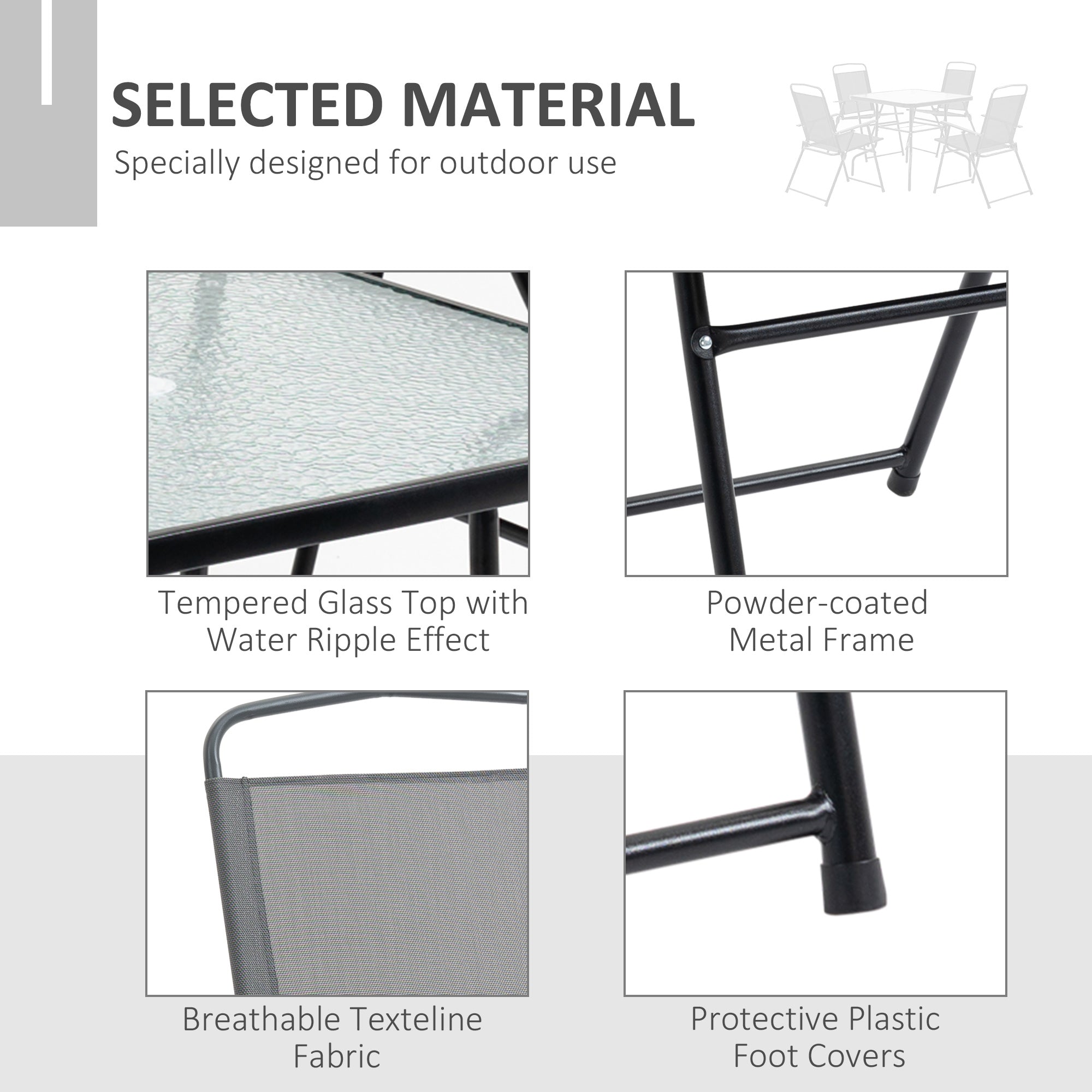 Outsunny 5 Pieces Patio Table and Chairs, Outdoor Dining Set with 4 Folding Chairs, Tempered Glass Tabletop and Parasol Hole, Breathable Mesh Patio Dining Set for Garden, Grey