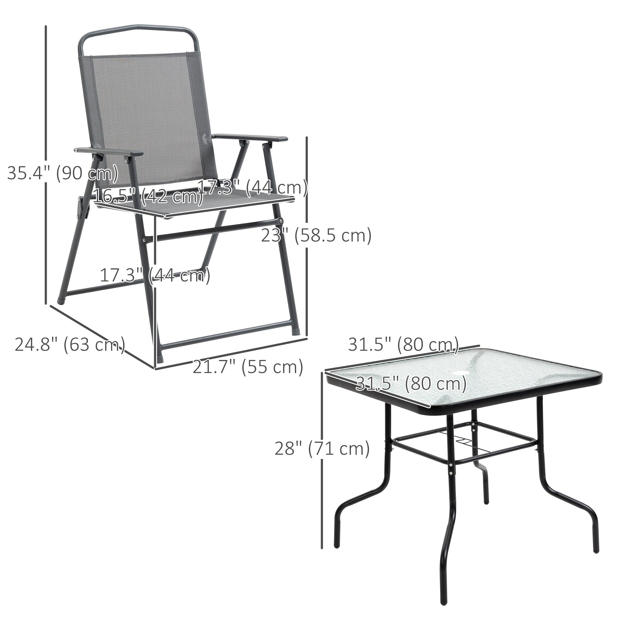 Outsunny 5 Pieces Patio Table and Chairs, Outdoor Dining Set with 4 Folding Chairs, Tempered Glass Tabletop and Parasol Hole, Breathable Mesh Patio Dining Set for Garden, Grey
