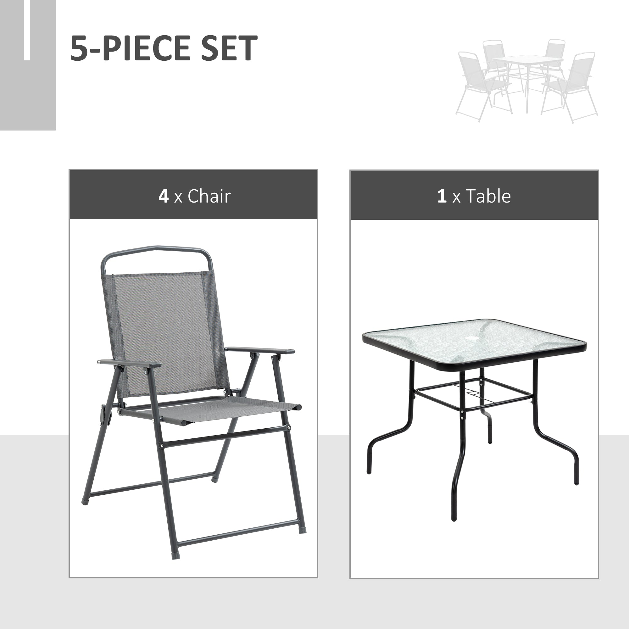 Outsunny 5 Pieces Patio Table and Chairs, Outdoor Dining Set with 4 Folding Chairs, Tempered Glass Tabletop and Parasol Hole, Breathable Mesh Patio Dining Set for Garden, Grey