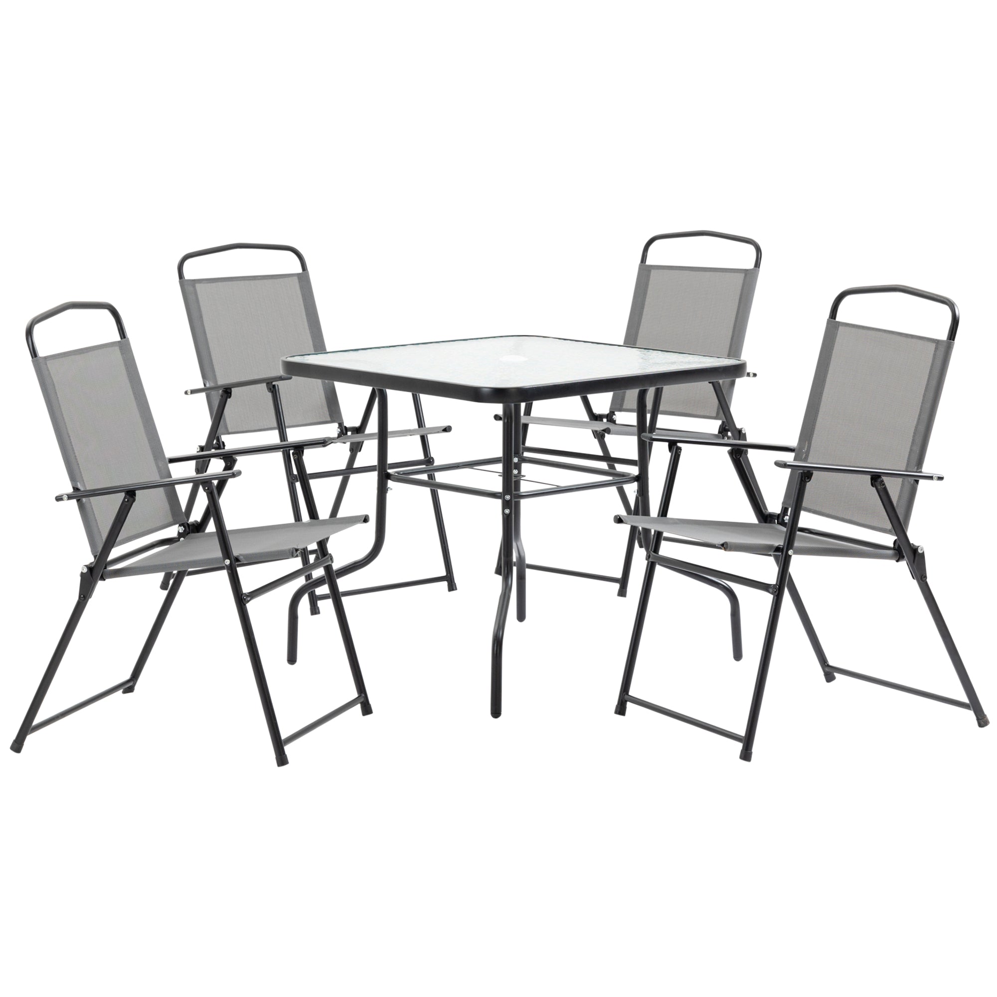 Outsunny 5 Pieces Patio Table and Chairs, Outdoor Dining Set with 4 Folding Chairs, Tempered Glass Tabletop and Parasol Hole, Breathable Mesh Patio Dining Set for Garden, Grey