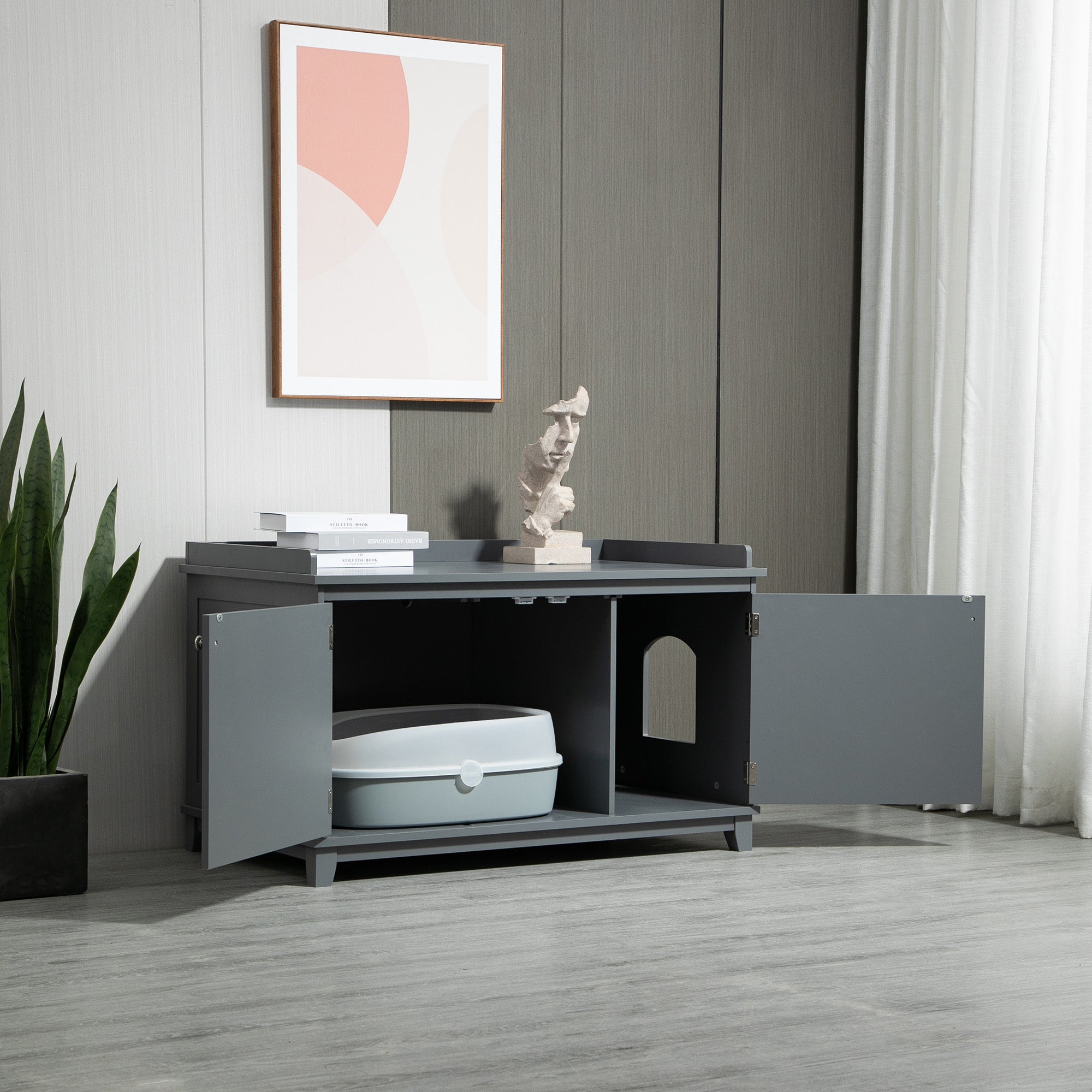 PawHut Cat Litter Box Enclosure with Spacious Top and Interior, Large Cat Litter House End Table for Indoor Cats with Hidden Storage Cabinet Space