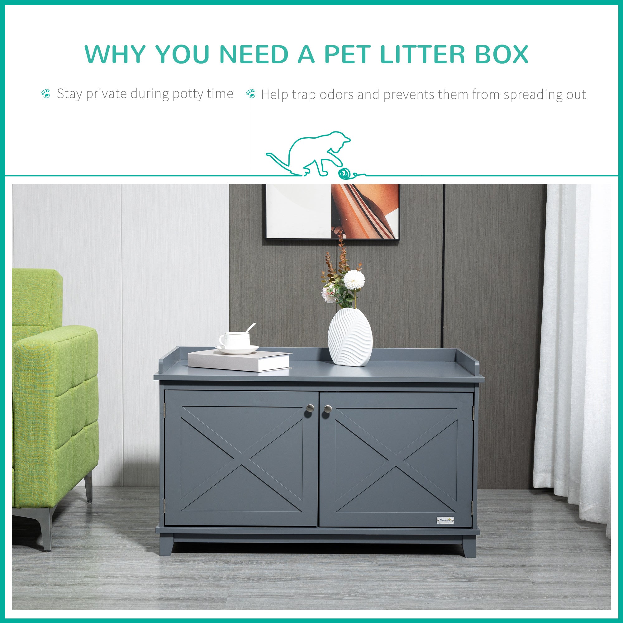 PawHut Cat Litter Box Enclosure with Spacious Top and Interior, Large Cat Litter House End Table for Indoor Cats with Hidden Storage Cabinet Space