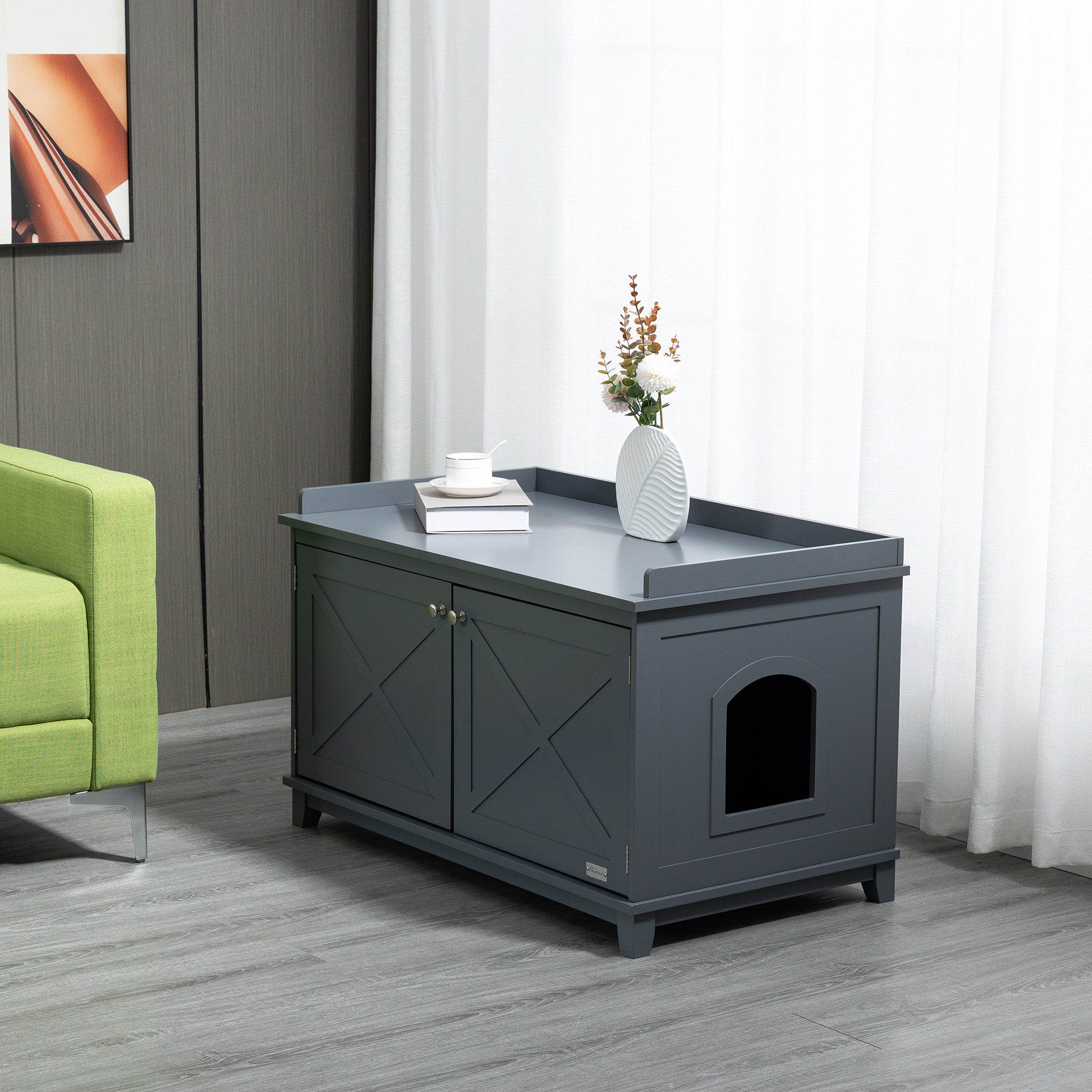 PawHut Cat Litter Box Enclosure with Spacious Top and Interior, Large Cat Litter House End Table for Indoor Cats with Hidden Storage Cabinet Space