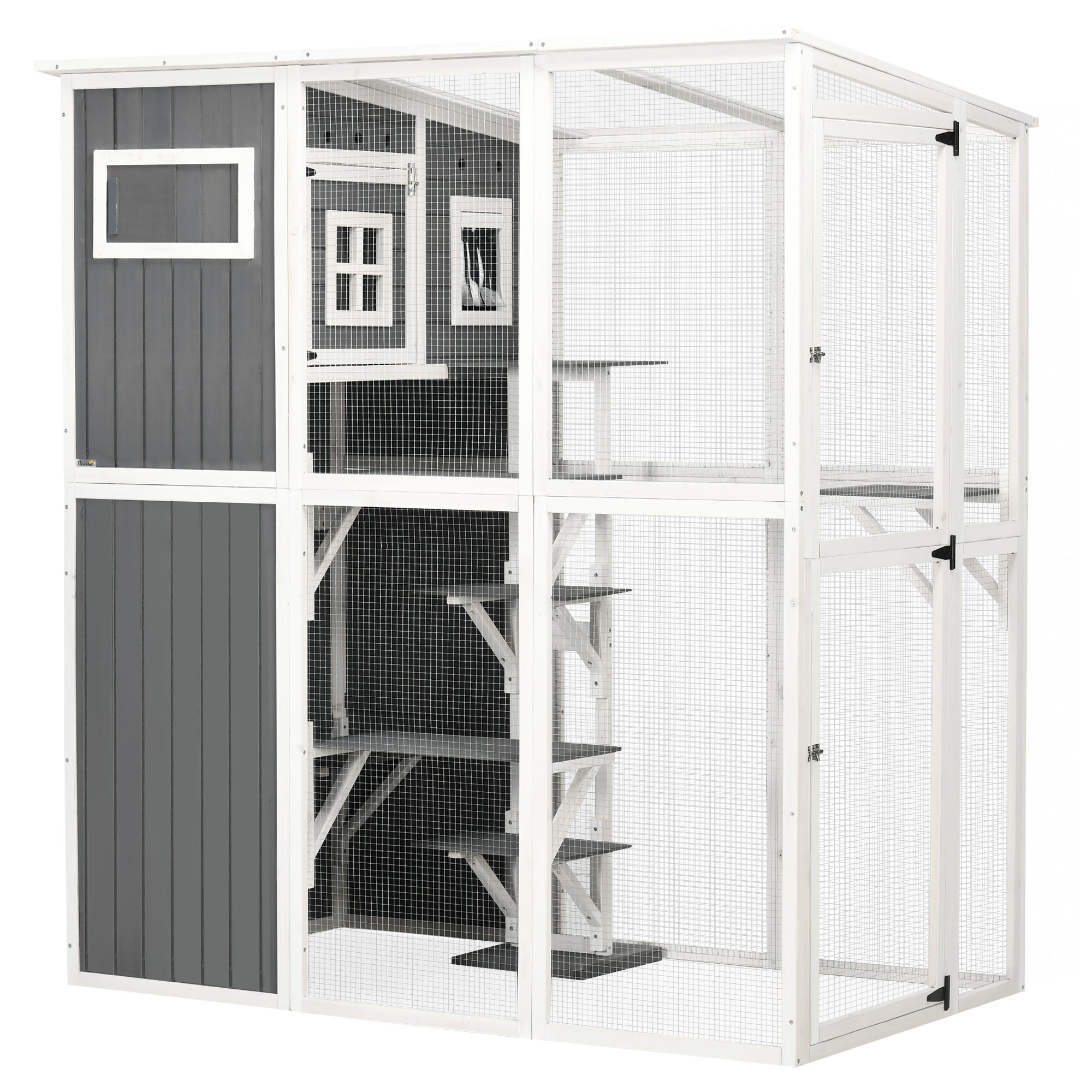 PawHut Wooden Cat Catio, 66.5"L Walk in Outdoor Cat House with PVC Weather Protection Roof, Multiple Platforms, Lockable Doors, Resting Condo, Observation Window, for 2 Cats
