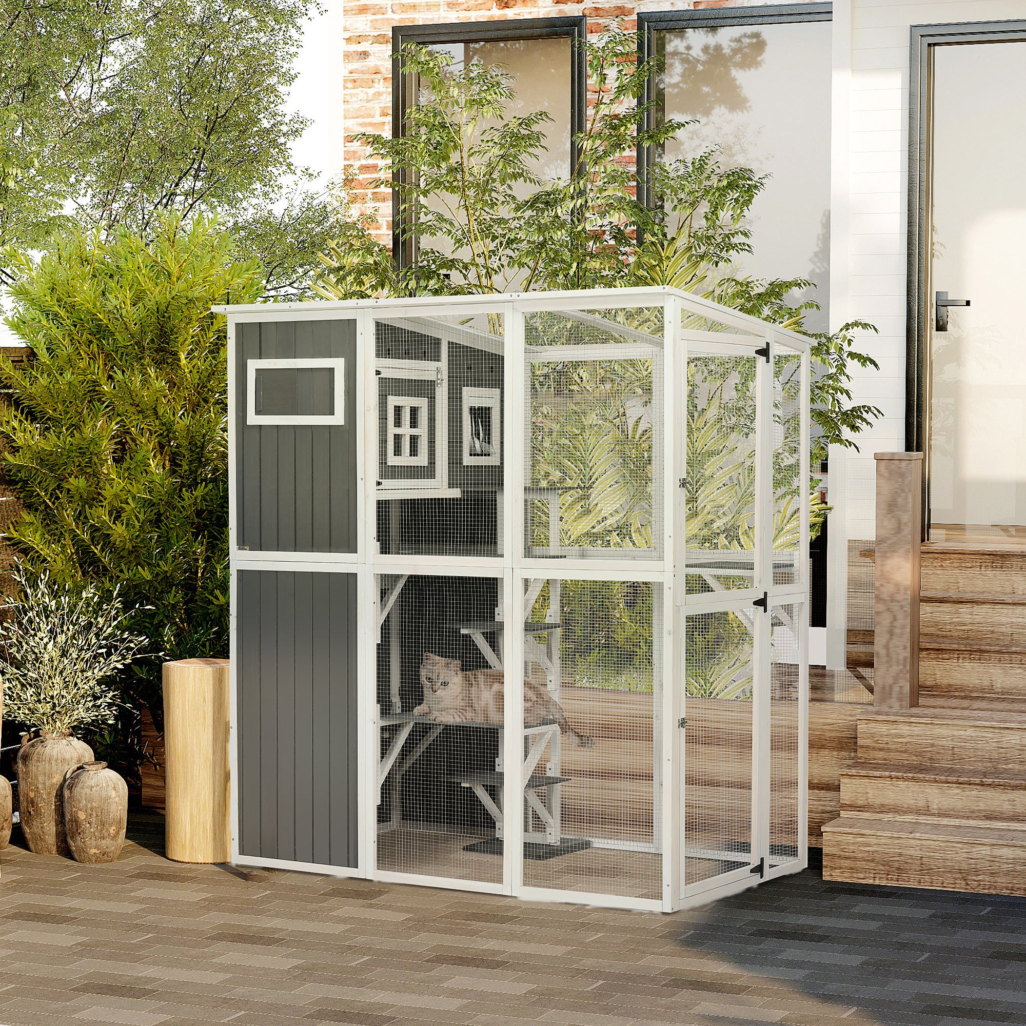 PawHut Wooden Cat Catio, 66.5"L Walk in Outdoor Cat House with PVC Weather Protection Roof, Multiple Platforms, Lockable Doors, Resting Condo, Observation Window, for 2 Cats