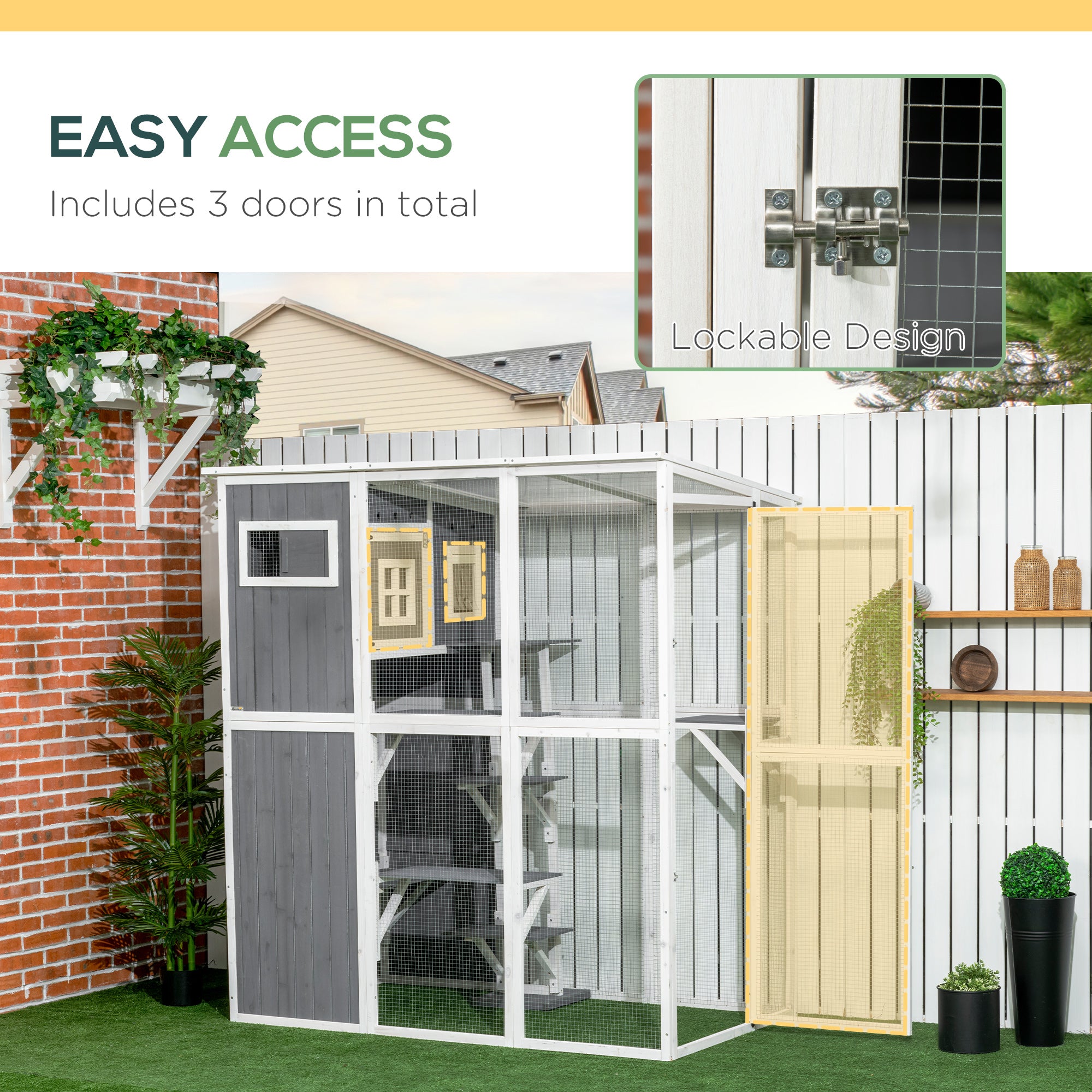 PawHut Wooden Cat Catio, 66.5"L Walk in Outdoor Cat House with PVC Weather Protection Roof, Multiple Platforms, Lockable Doors, Resting Condo, Observation Window, for 2 Cats