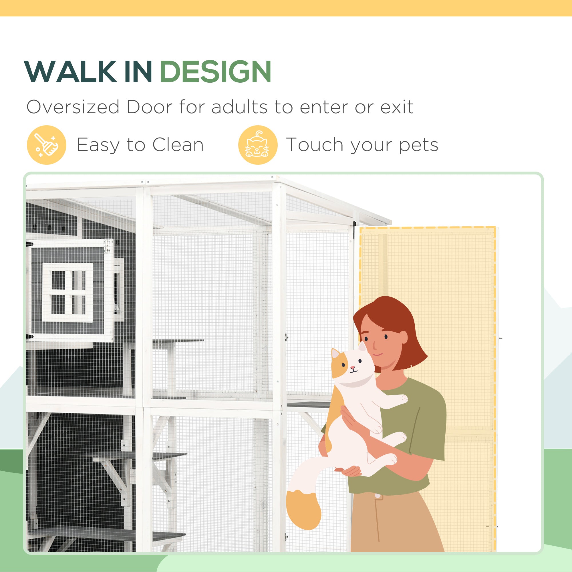 PawHut Wooden Cat Catio, 66.5"L Walk in Outdoor Cat House with PVC Weather Protection Roof, Multiple Platforms, Lockable Doors, Resting Condo, Observation Window, for 2 Cats
