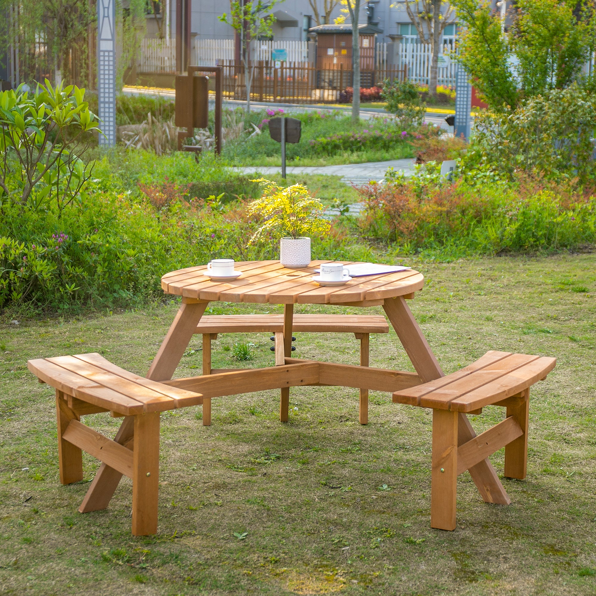Outsunny 6 Person Round Picnic Table Bench Set with Umbrella Hole, Wood Patio Table with 3 Built-in Benches for Garden, Deck, Backyard, Brown