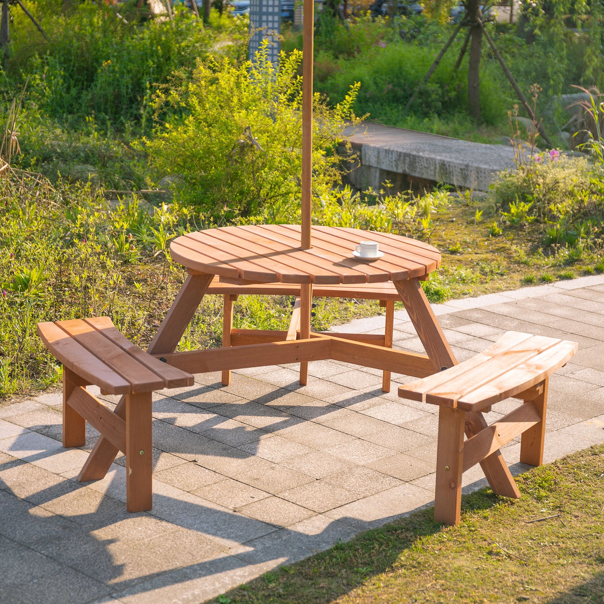 Outsunny 6 Person Round Picnic Table Bench Set with Umbrella Hole, Wood Patio Table with 3 Built-in Benches for Garden, Deck, Backyard, Brown