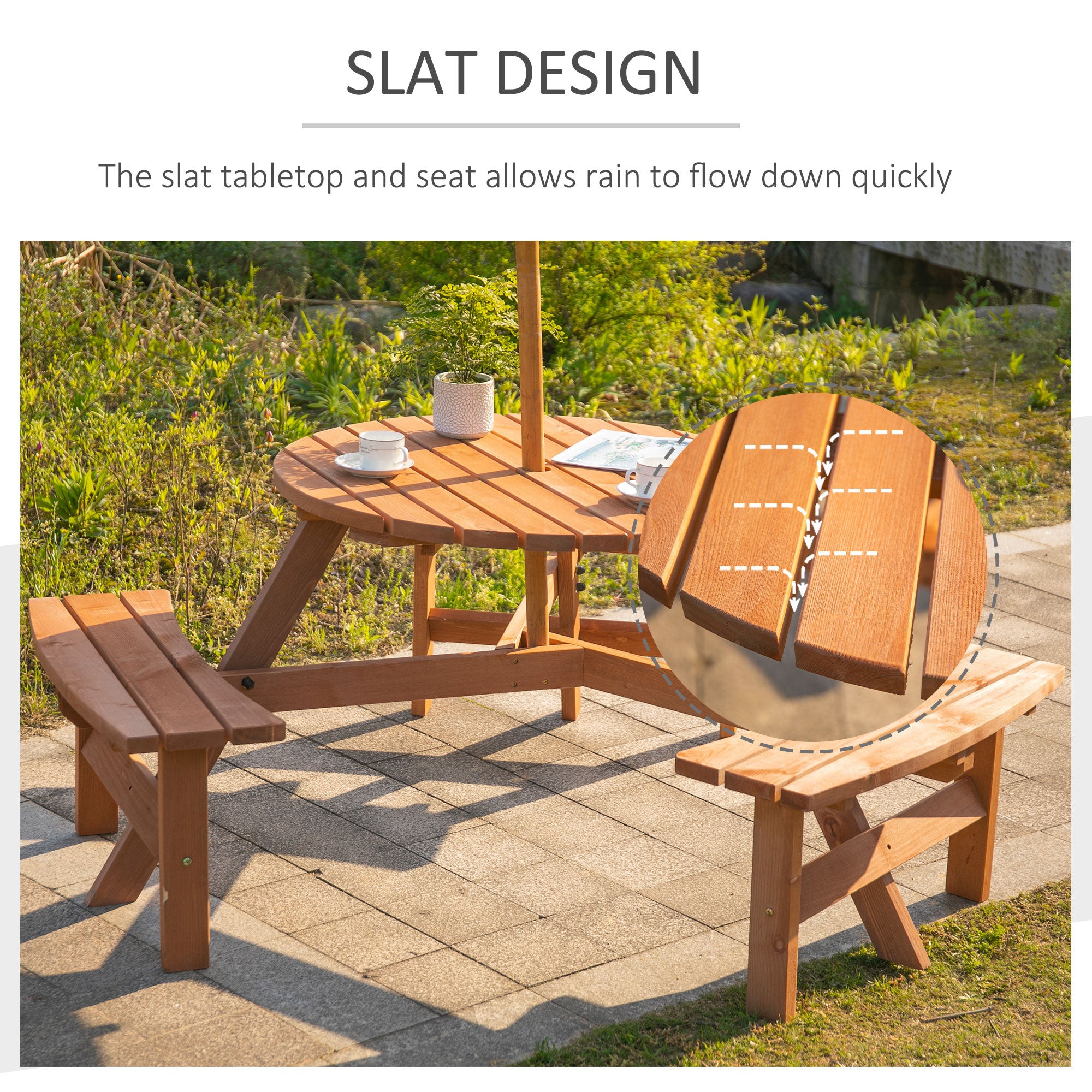 Outsunny 6 Person Round Picnic Table Bench Set with Umbrella Hole, Wood Patio Table with 3 Built-in Benches for Garden, Deck, Backyard, Brown