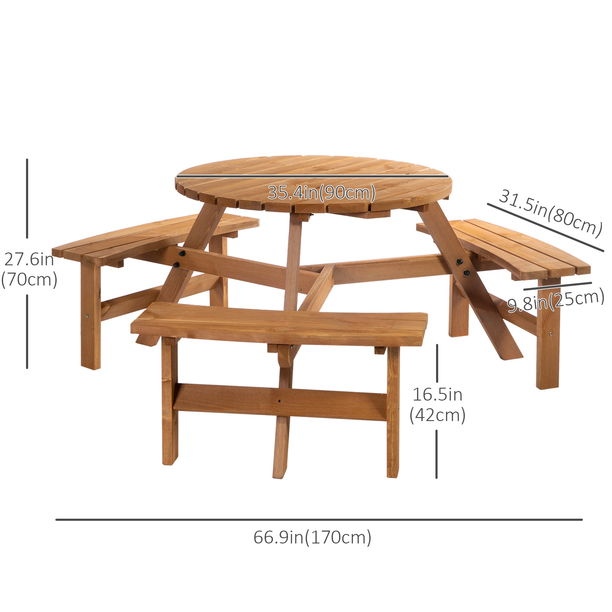 Outsunny 6 Person Round Picnic Table Bench Set with Umbrella Hole, Wood Patio Table with 3 Built-in Benches for Garden, Deck, Backyard, Brown