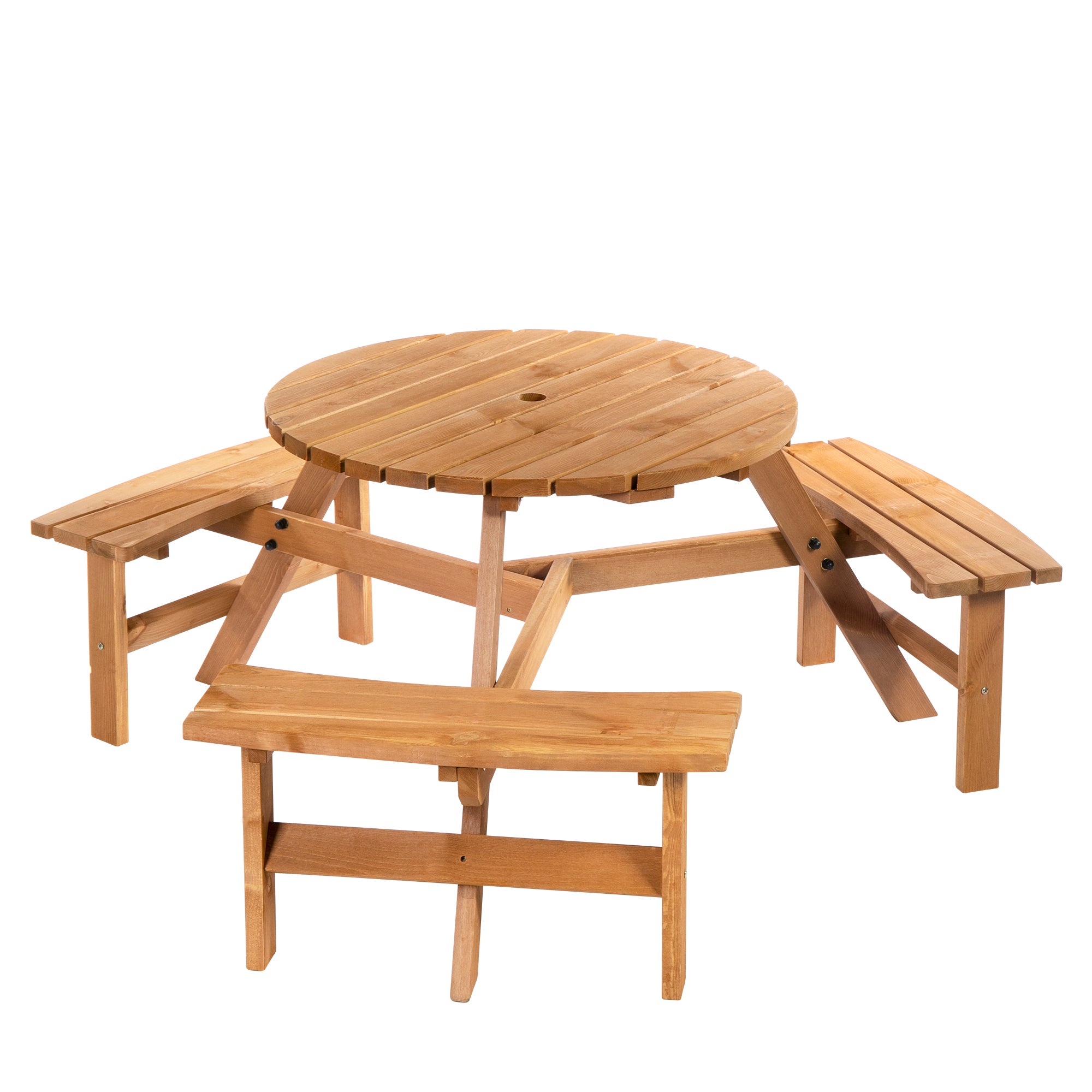 Outsunny 6 Person Round Picnic Table Bench Set with Umbrella Hole, Wood Patio Table with 3 Built-in Benches for Garden, Deck, Backyard, Brown