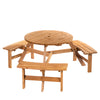 Outsunny 6 Person Round Picnic Table Bench Set with Umbrella Hole, Wood Patio Table with 3 Built-in Benches for Garden, Deck, Backyard, Brown
