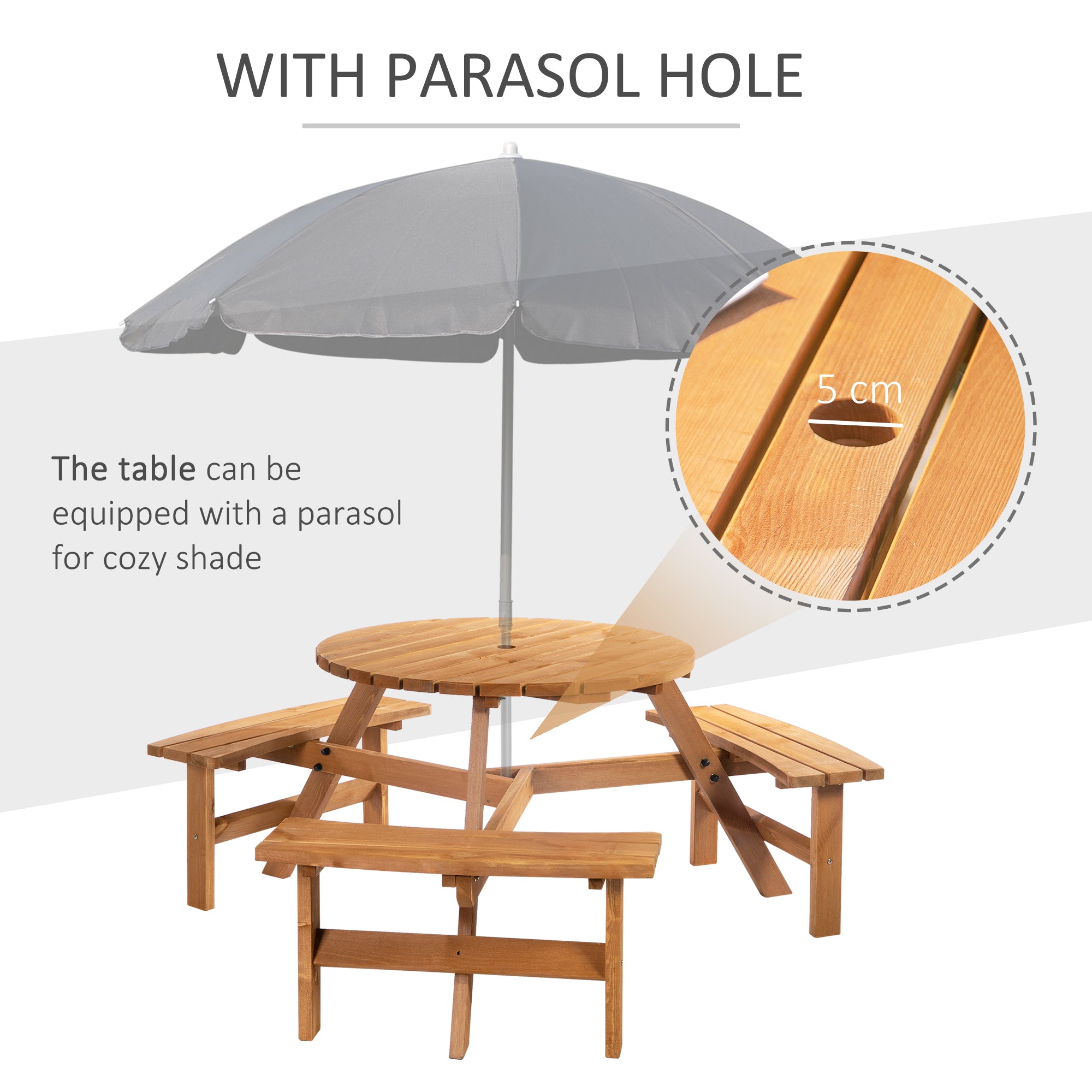 Outsunny 6 Person Round Picnic Table Bench Set with Umbrella Hole, Wood Patio Table with 3 Built-in Benches for Garden, Deck, Backyard, Brown
