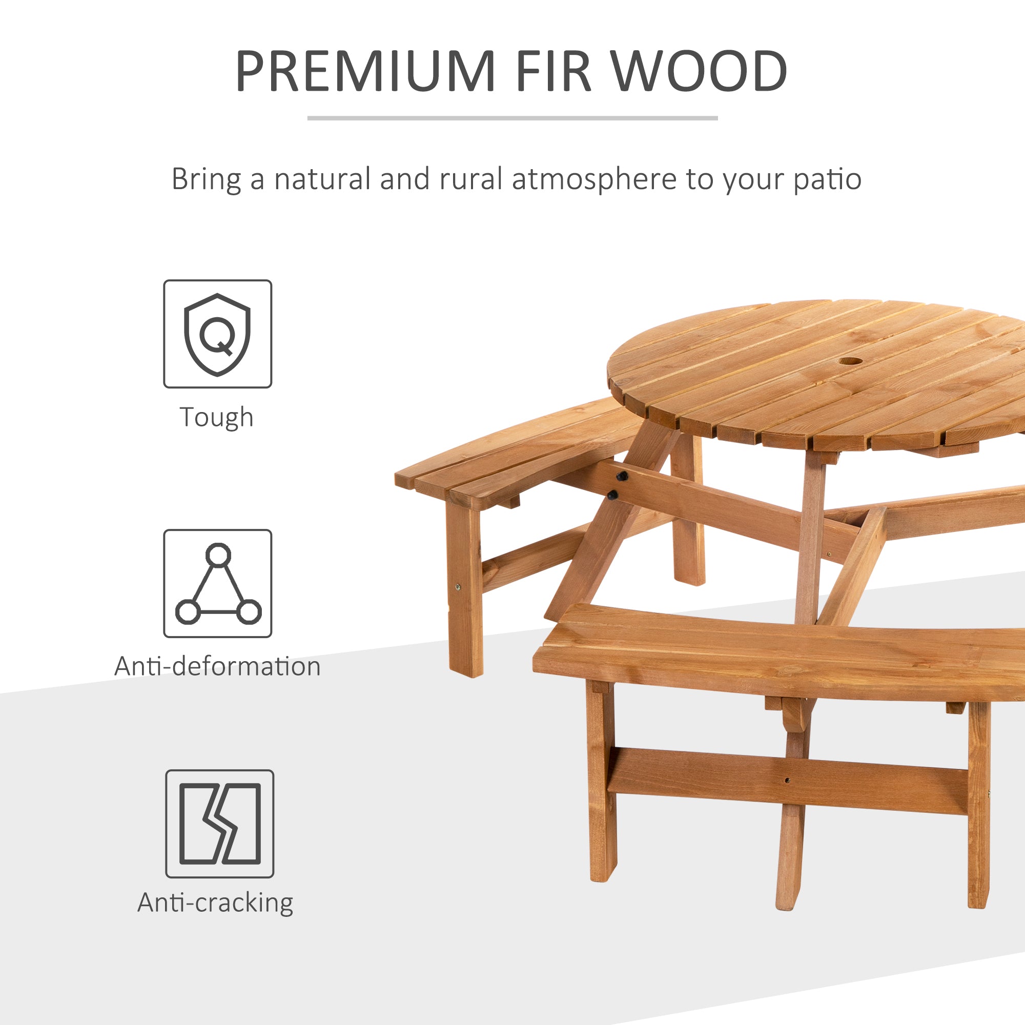 Outsunny 6 Person Round Picnic Table Bench Set with Umbrella Hole, Wood Patio Table with 3 Built-in Benches for Garden, Deck, Backyard, Brown