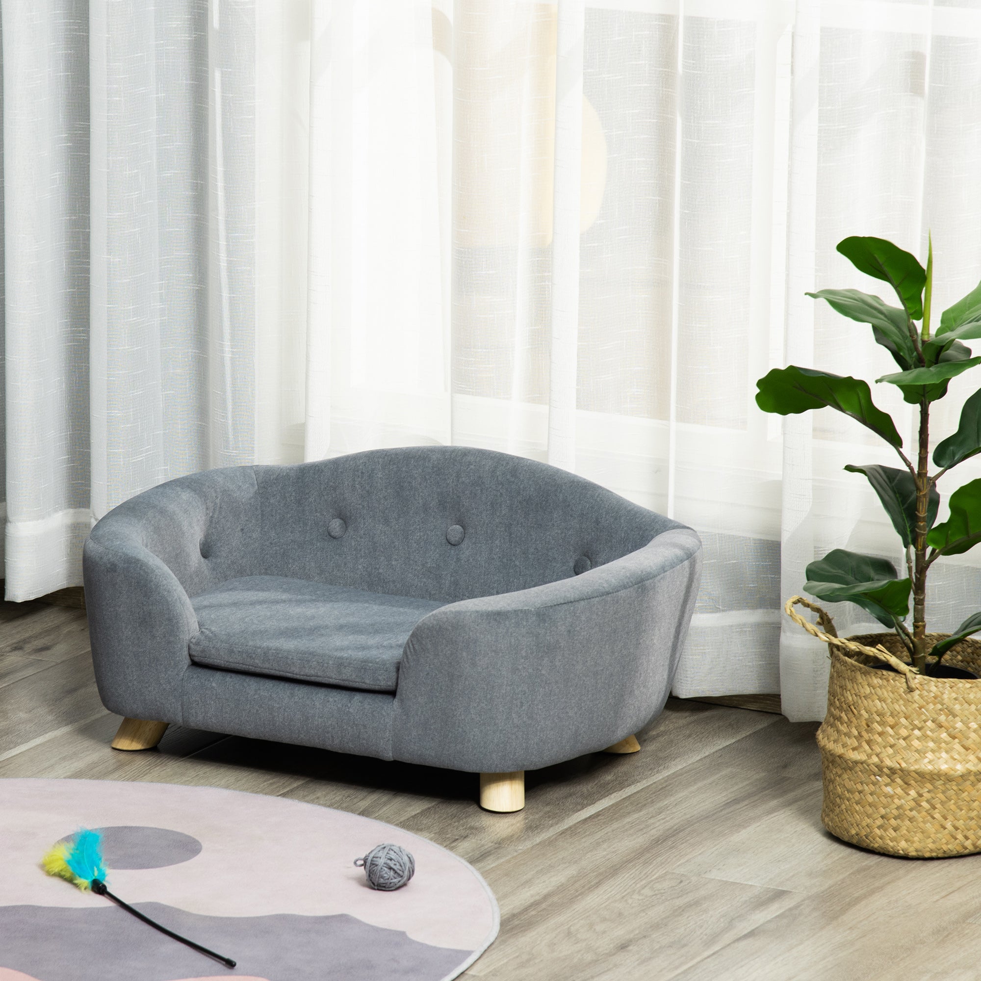 PawHut Dog Sofa Bed Pet Chair Couch with Water Resistant Fabric, Kitten Lounge with Soft Cushion Washable Cover, Wooden Frame for Mini Size Dogs - Grey
