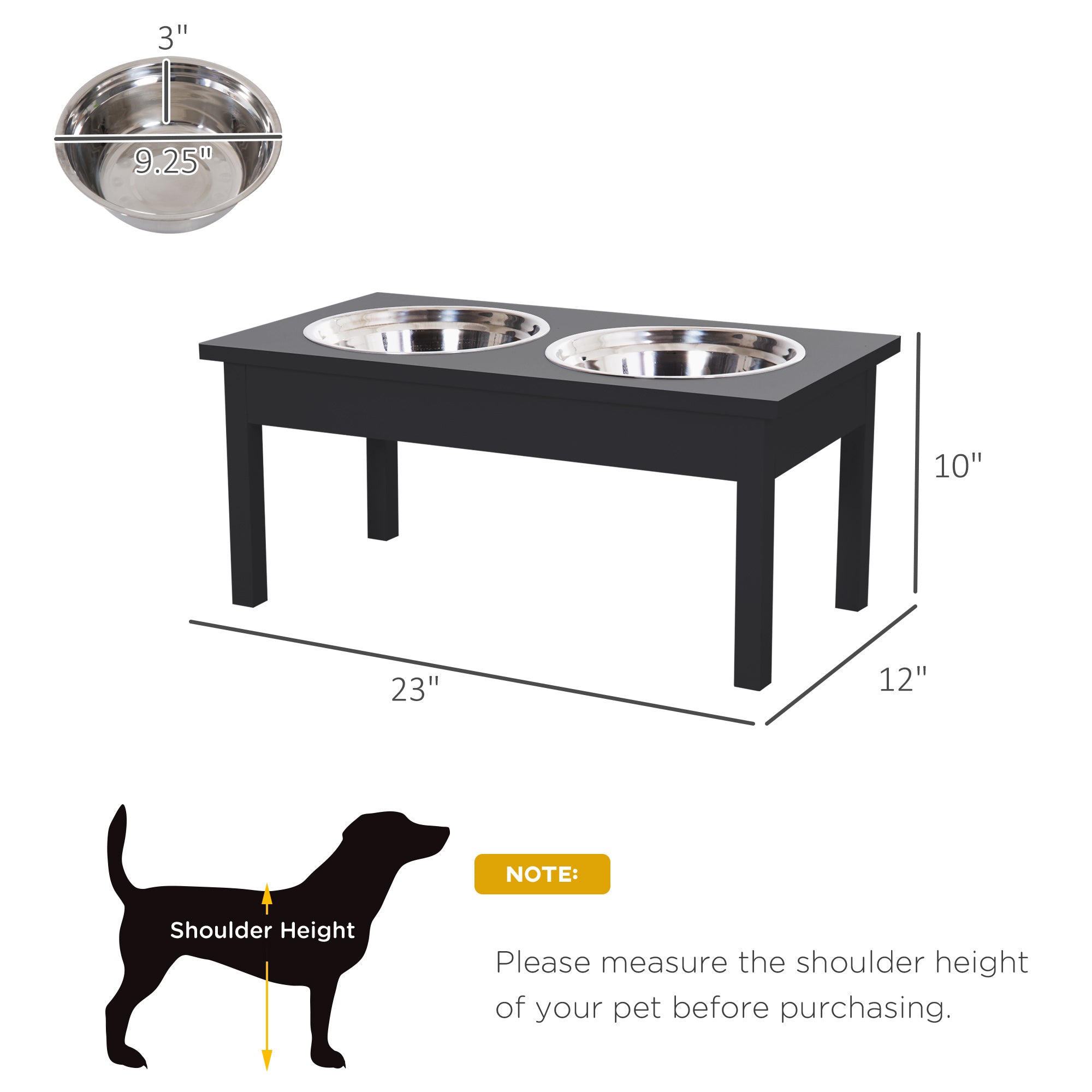 PawHut 23" Wooden Heavy Duty Dog Food Bowls Pet Elevated Feeding Station -Black