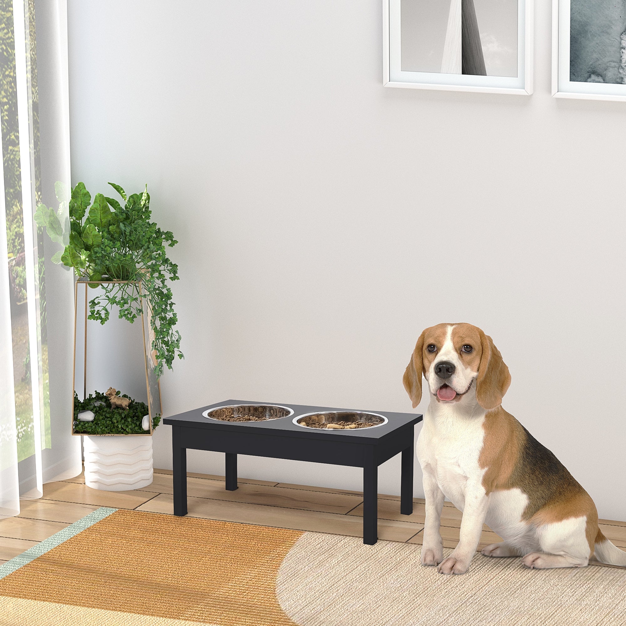 PawHut 23" Wooden Heavy Duty Dog Food Bowls Pet Elevated Feeding Station -Black