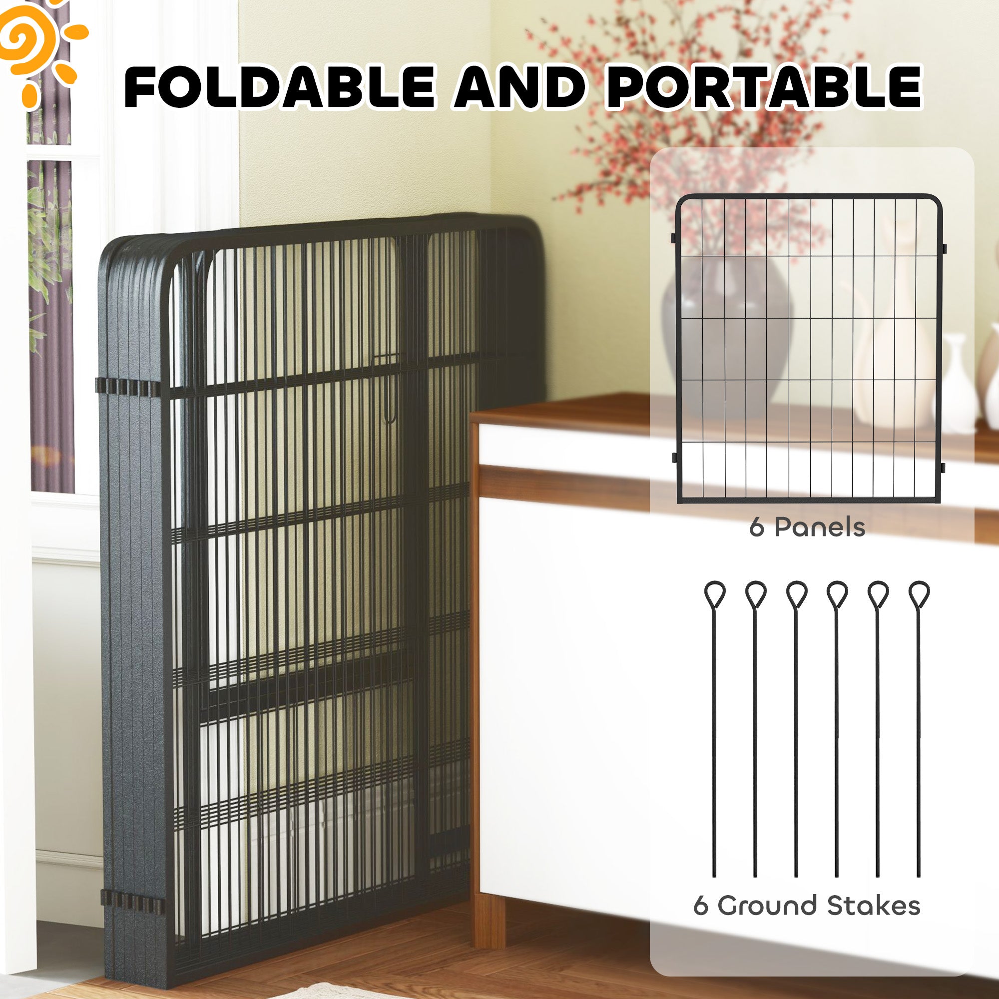 PawHut Dog Pen, 6 Panels Puppy Pen, Heavy Duty Dog Playpen, Portable Detachable Dog Exercise Pen Animal Enclosure for Medium Dogs, 80cm High, Black