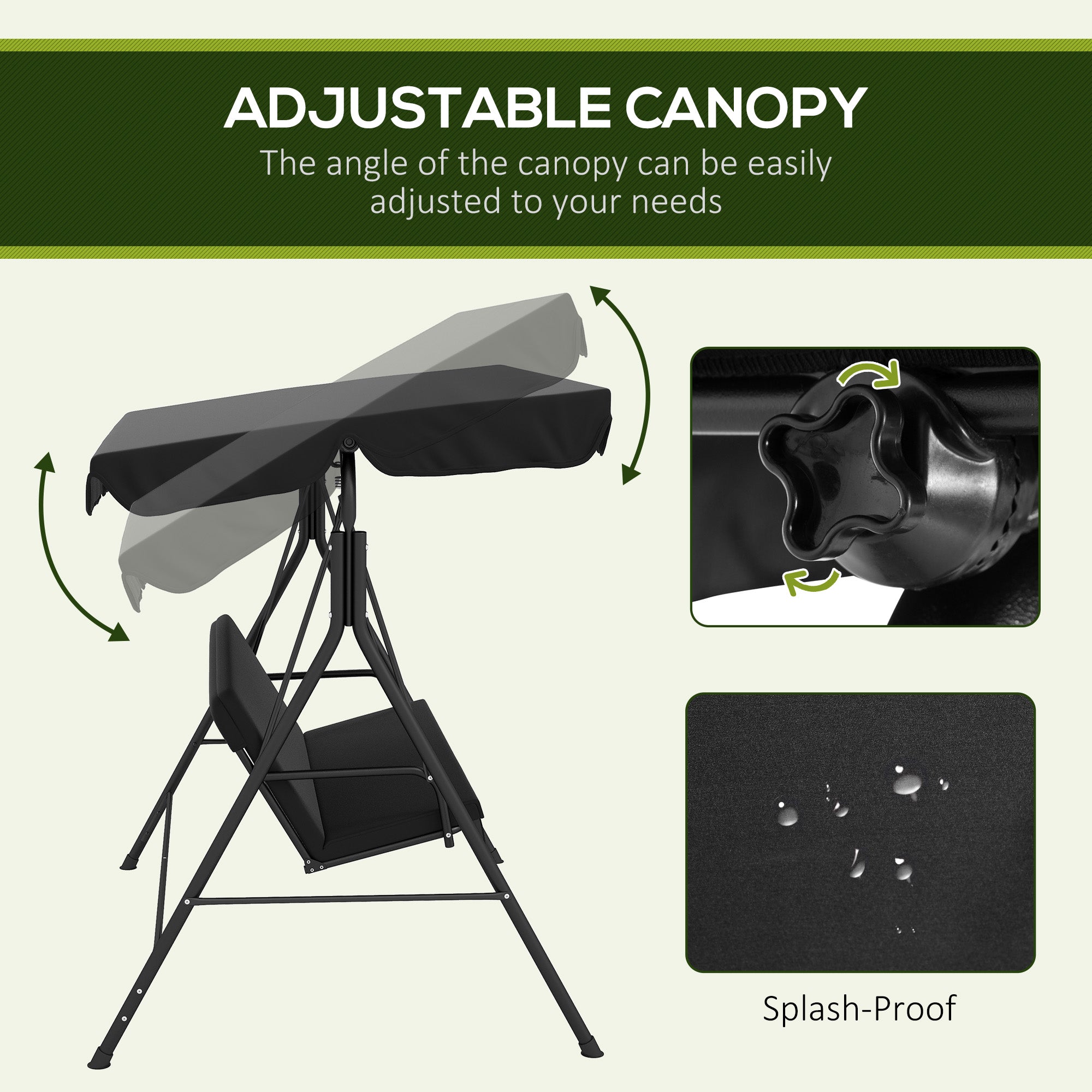 Outsunny 3-Seat Patio Swing Chair, Outdoor Porch Swing Glider with Adjustable Canopy, Removable Cushion, and Weather Resistant Steel Frame, for Garden, Poolside, Black
