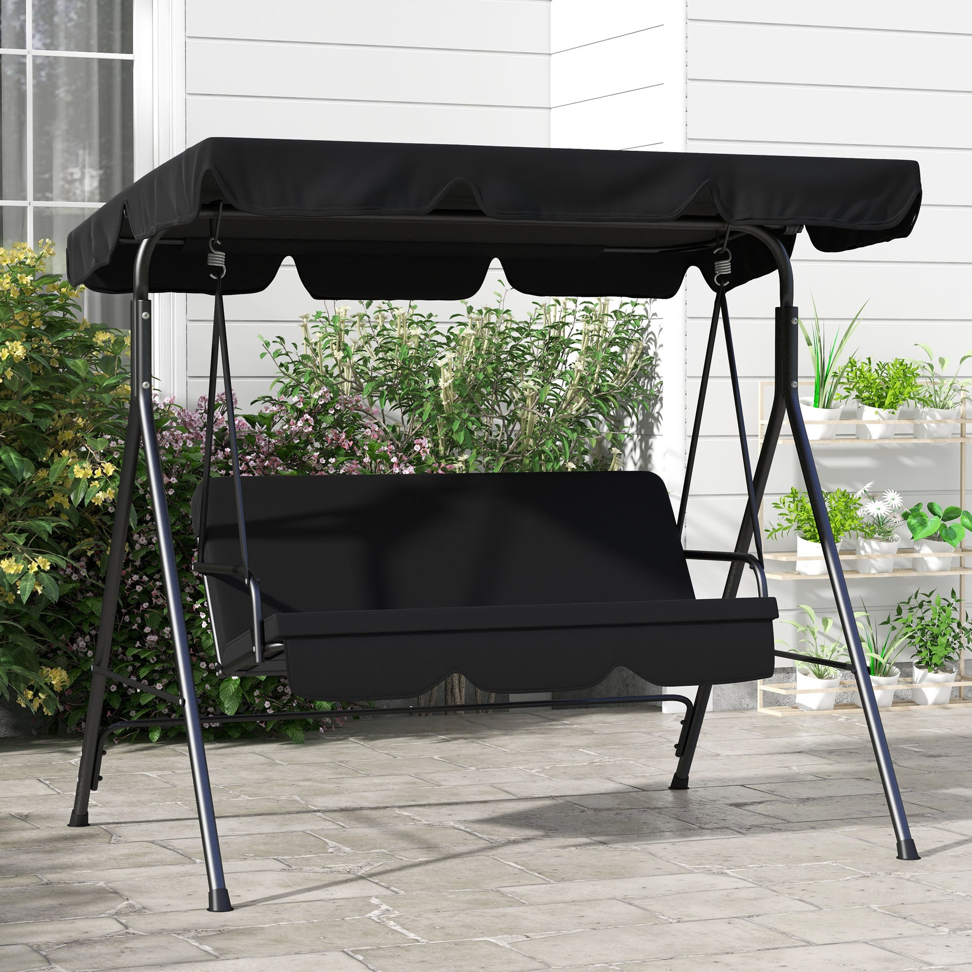 Outsunny 3-Seat Patio Swing Chair, Outdoor Porch Swing Glider with Adjustable Canopy, Removable Cushion, and Weather Resistant Steel Frame, for Garden, Poolside, Black
