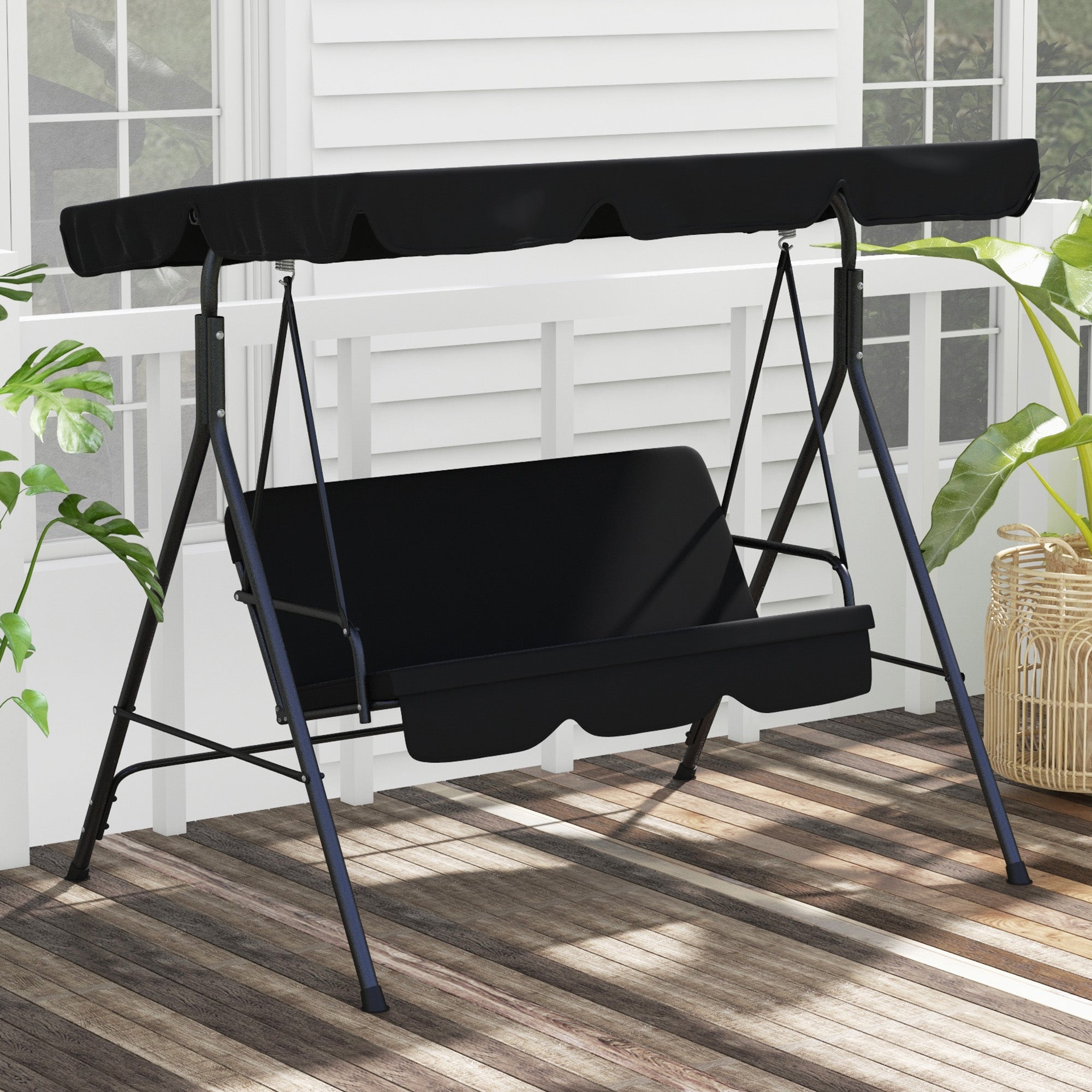 Outsunny 3-Seat Patio Swing Chair, Outdoor Porch Swing Glider with Adjustable Canopy, Removable Cushion, and Weather Resistant Steel Frame, for Garden, Poolside, Black