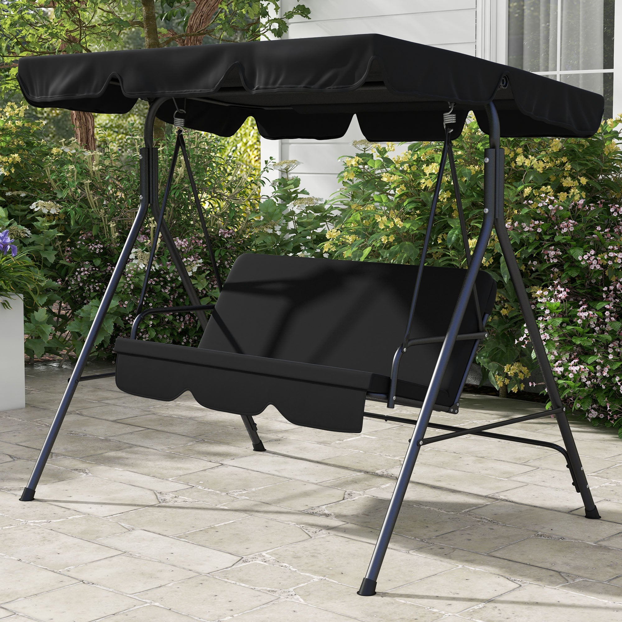 Outsunny 3-Seat Patio Swing Chair, Outdoor Porch Swing Glider with Adjustable Canopy, Removable Cushion, and Weather Resistant Steel Frame, for Garden, Poolside, Black